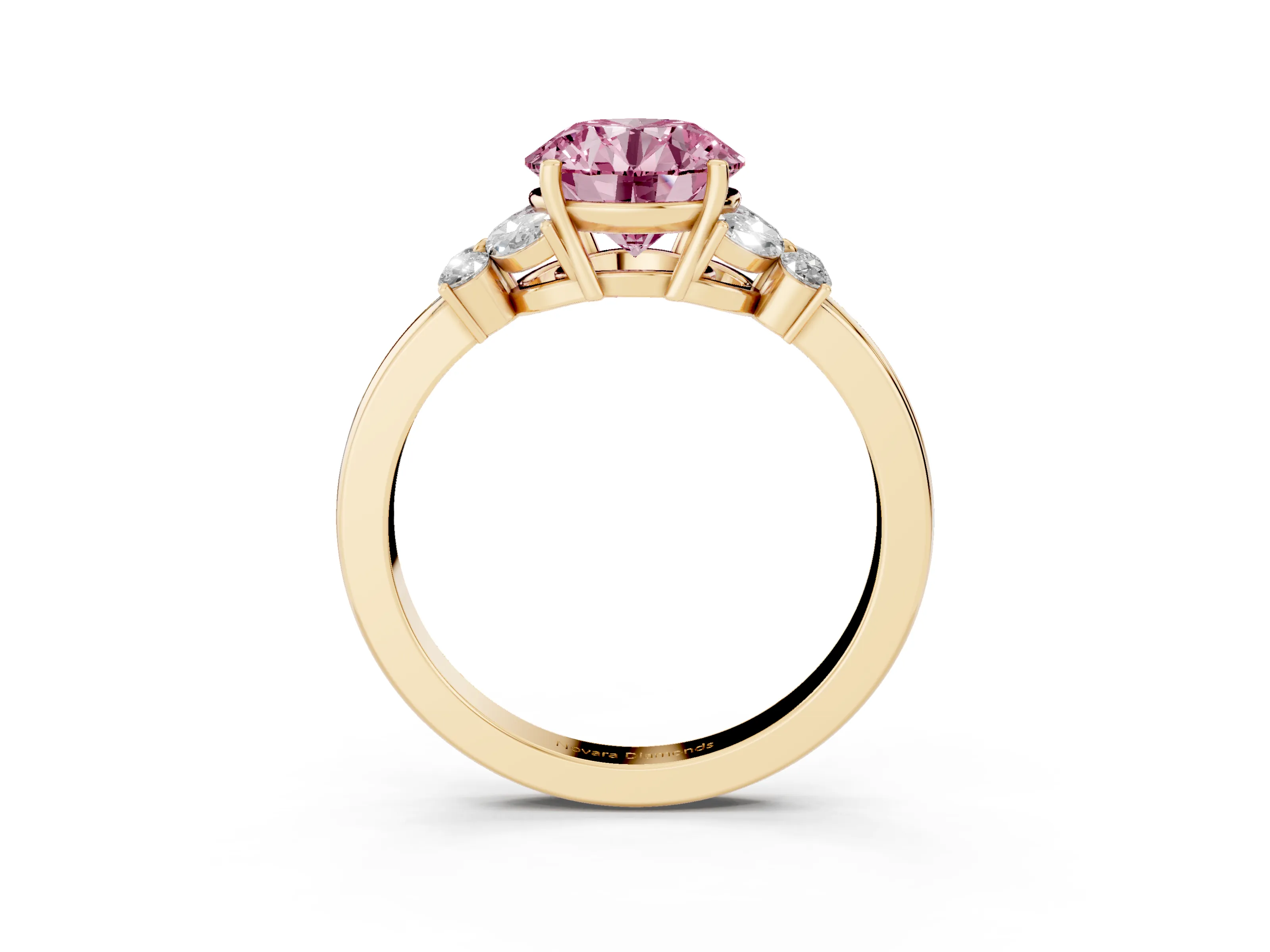 Fancy Pink Round Cut Diamond Solitaire Floral Ring Set in Yellow gold with Marquise Petals and Prong Setting