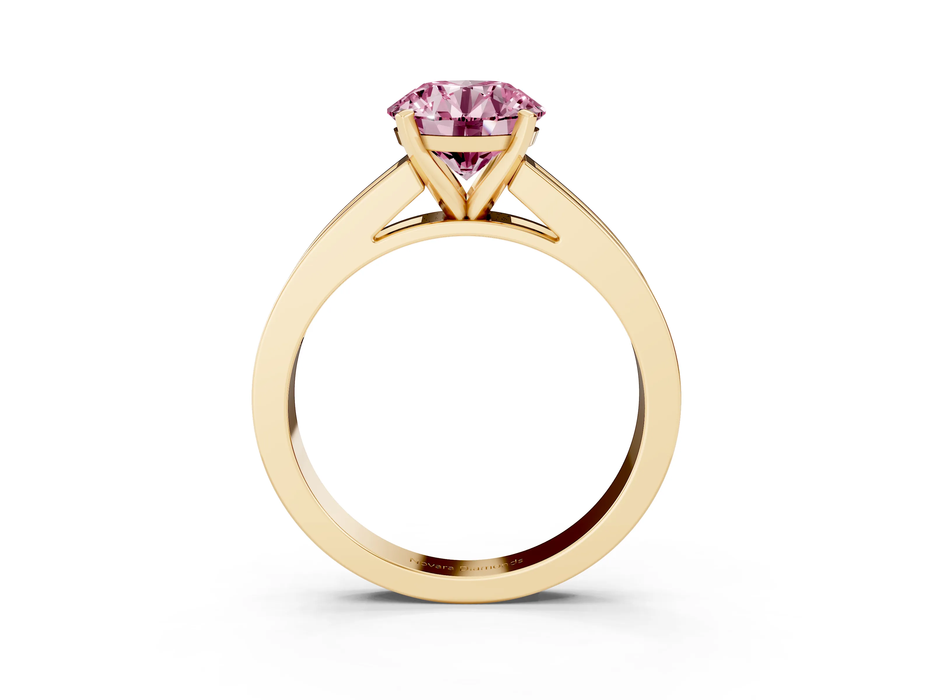 Fancy Pink Round Cut Diamond Solitaire Ring Set in Yellow gold with Channel-Set Band and Prong Setting