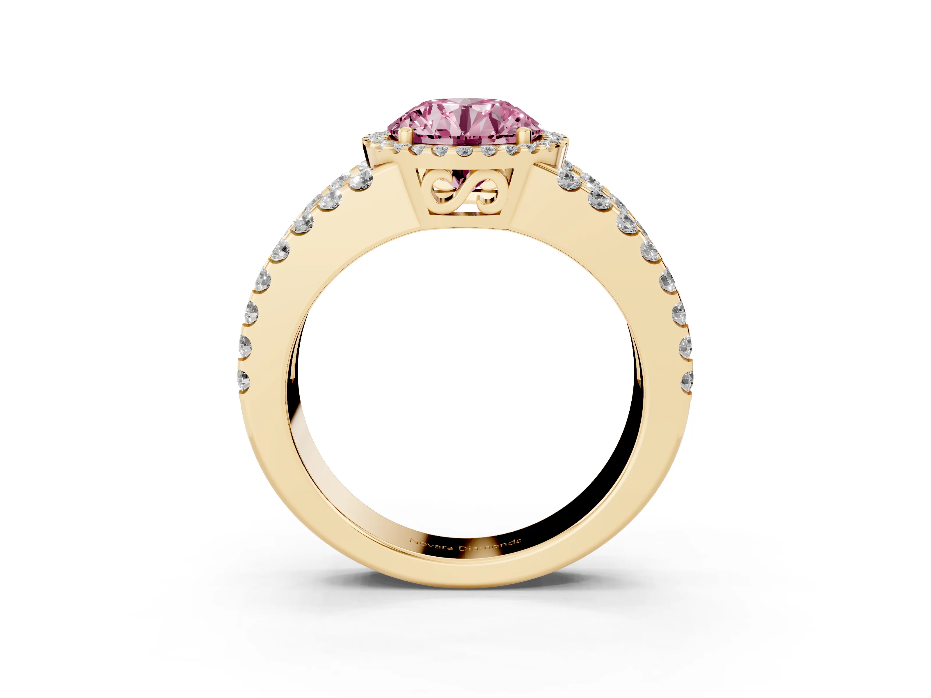 Fancy Pink Round Cut Diamond Halo Ring Set in Yellow gold with Pavé Split Shank and Prong Setting