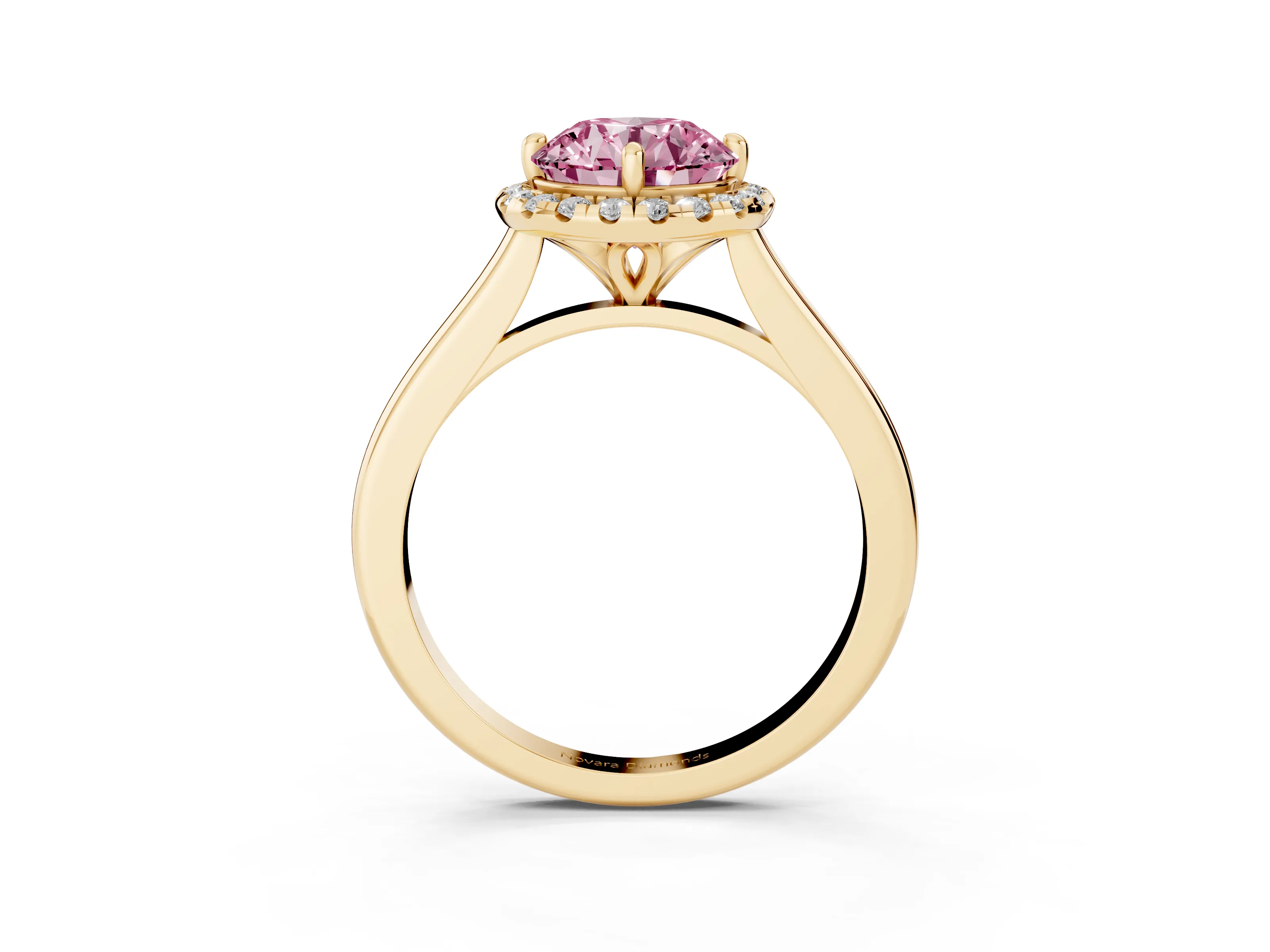 Fancy Pink Round Cut Diamond Halo Engagement Ring Set in Yellow gold with Pavé Band and Rising Shoulders