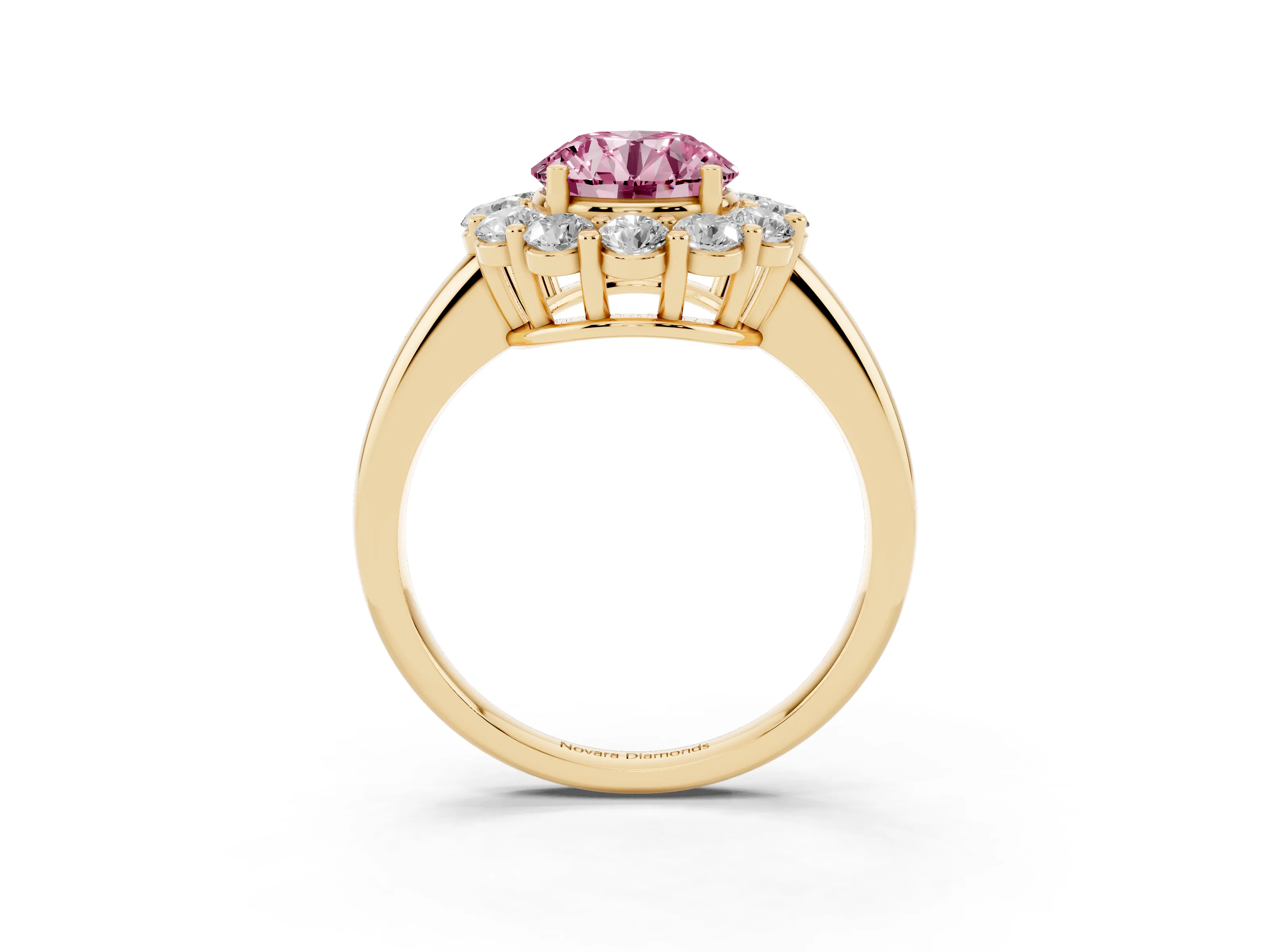 Fancy Pink Round Cut Diamond Halo Cluster Engagement Ring Set in Yellow gold with Polished Band and Prong Setting