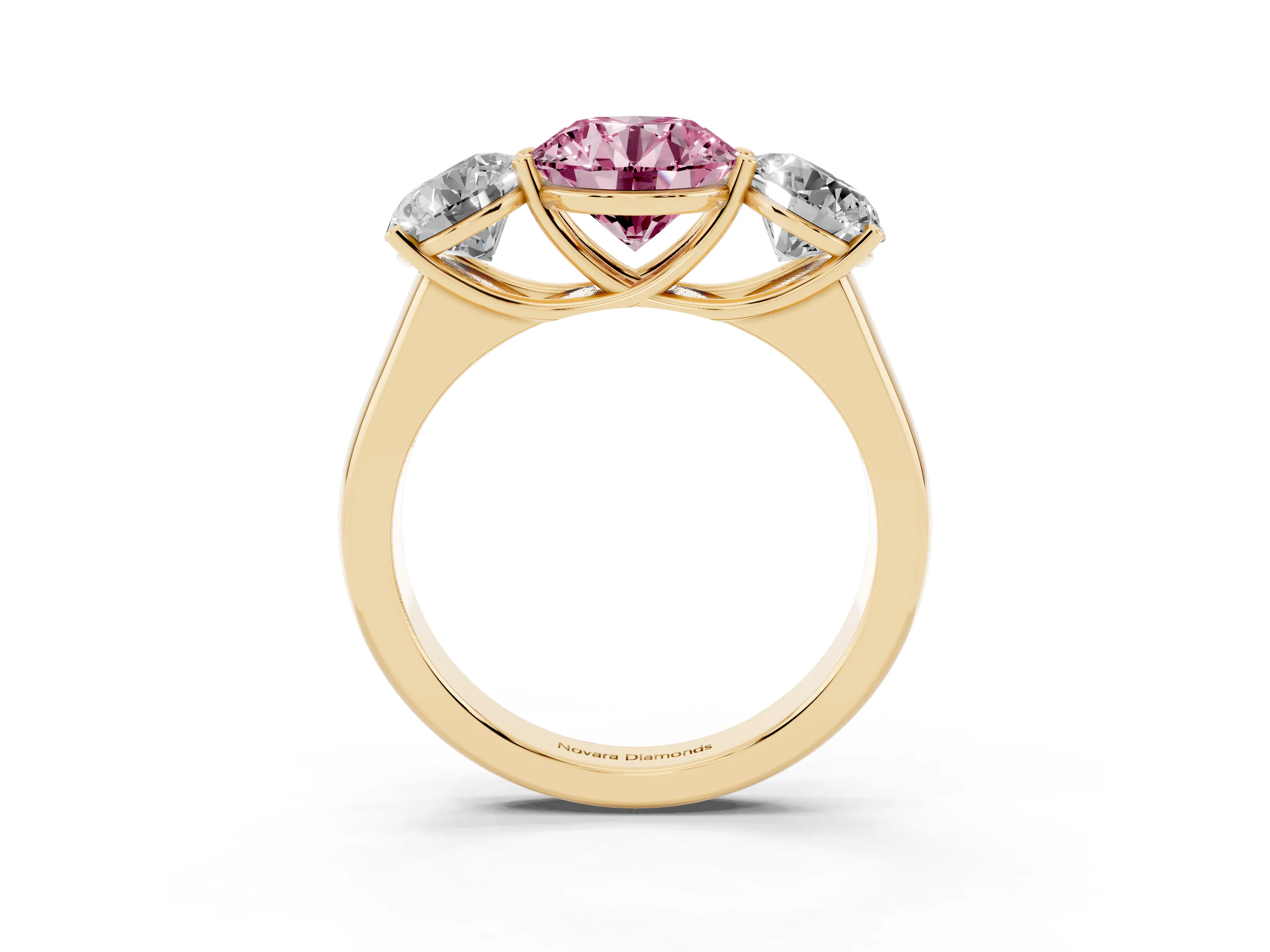 Fancy Pink Round Cut Diamond Three-Stone Ring Set in Yellow gold with Plain Polished Band