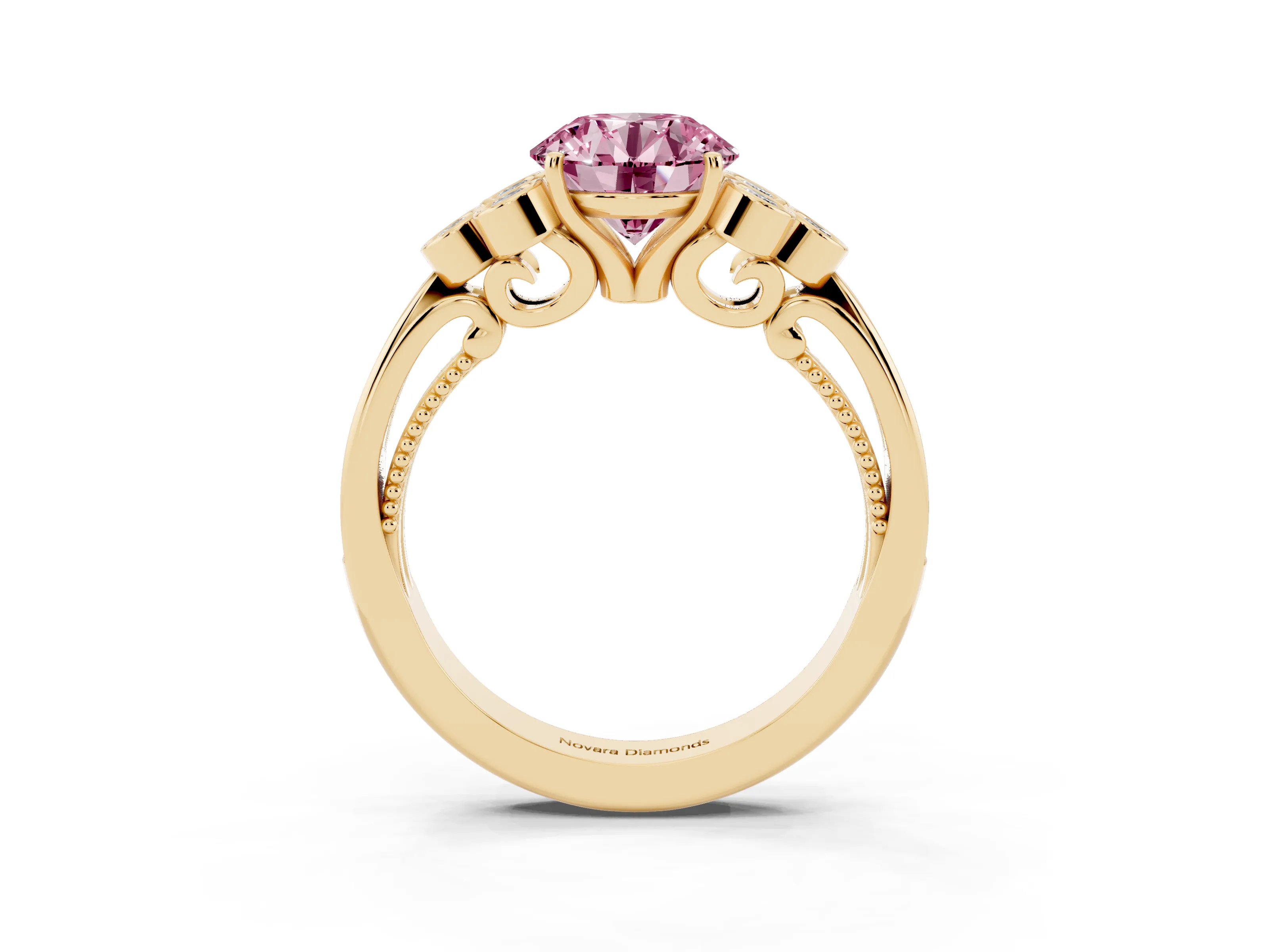 Fancy Pink Round Cut Diamond Engagement Ring Set in Yellow gold with Bezel Set Round Side Stones and Prong Setting