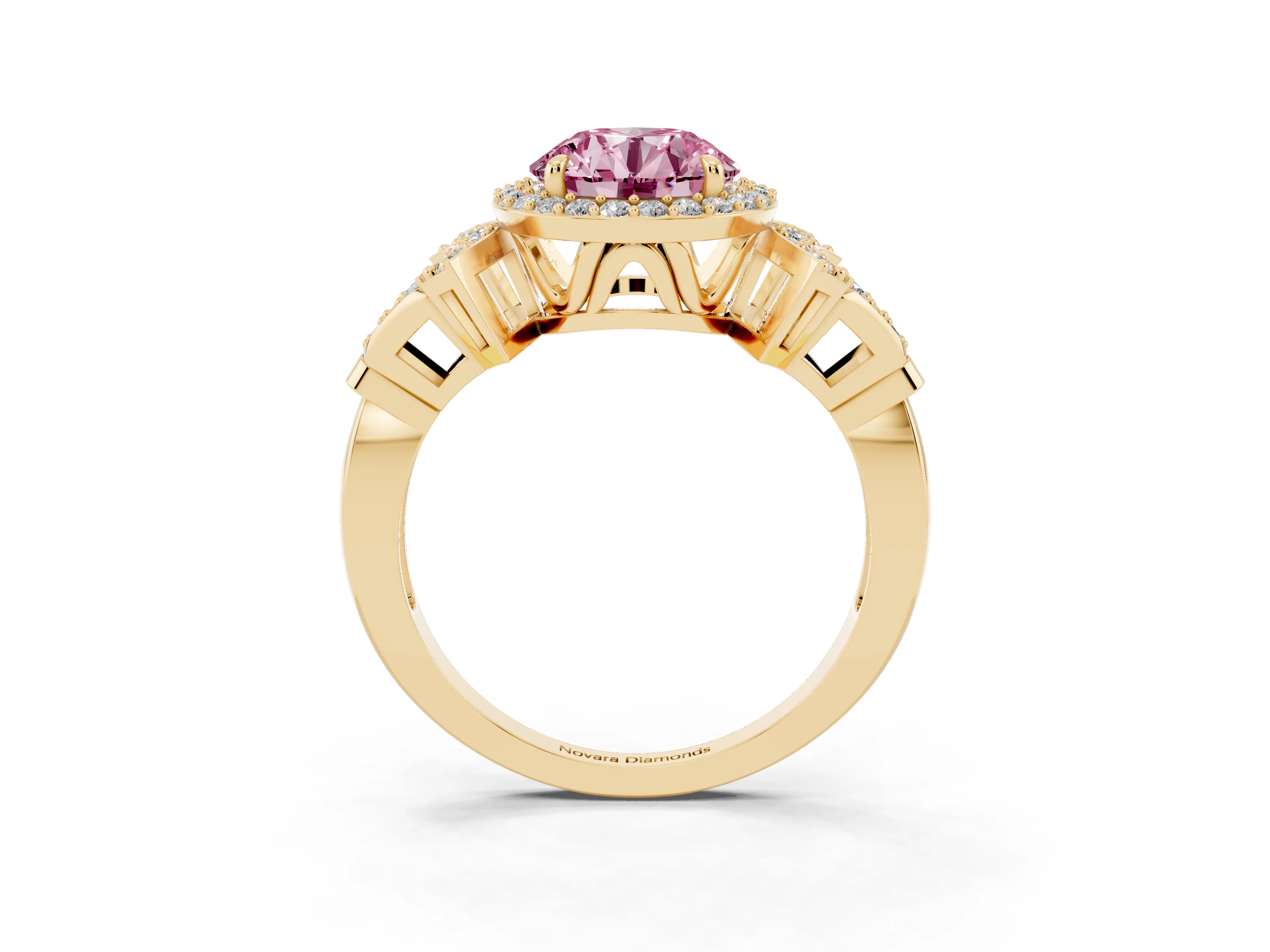 Fancy Pink Round Cut Diamond Halo Engagement Ring Set in Yellow gold with Accent Stone Split Shank