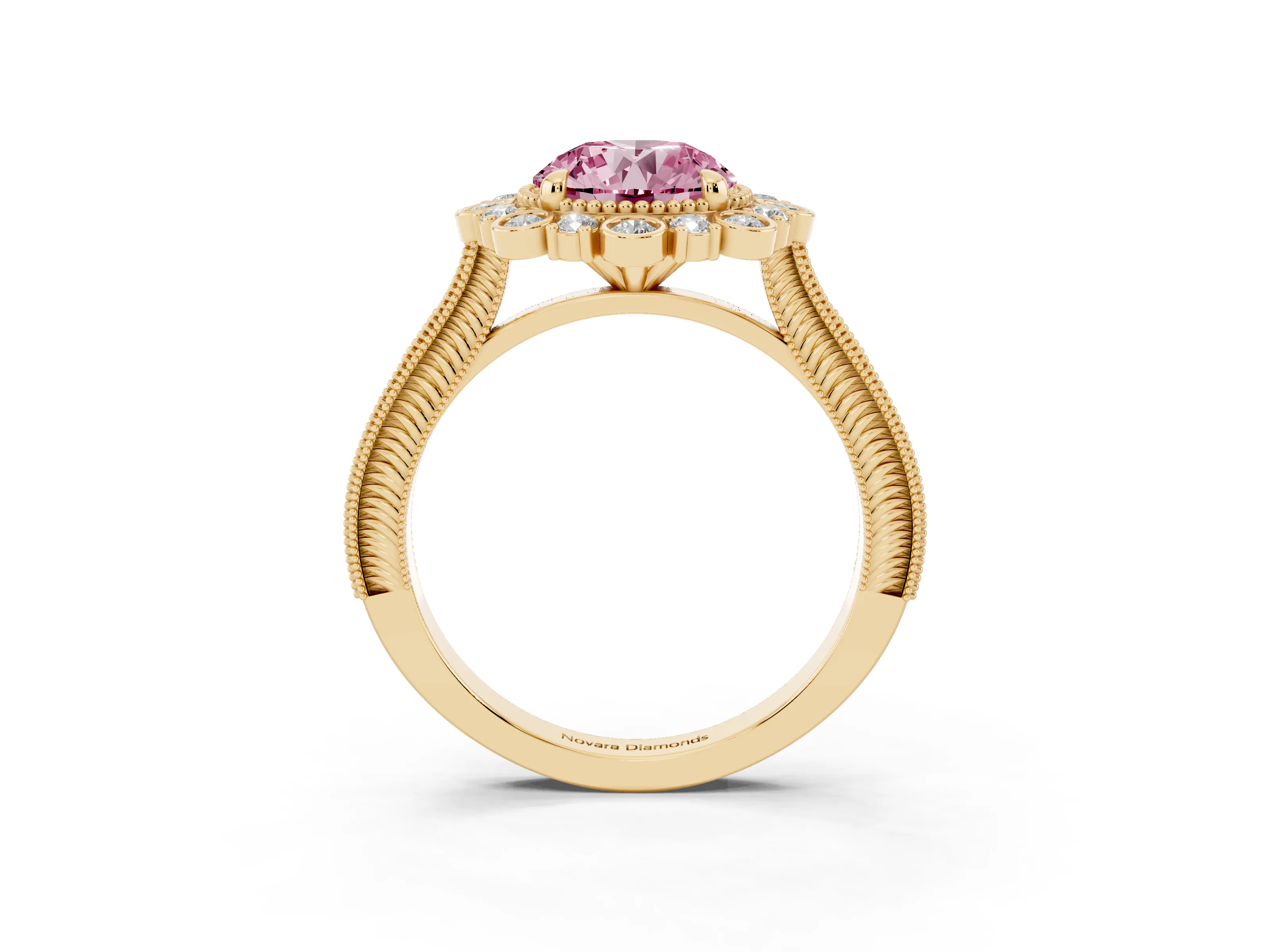 Fancy Pink Round Cut Diamond Halo Milgrain Pavé Ring Set in Yellow gold with Prong Setting