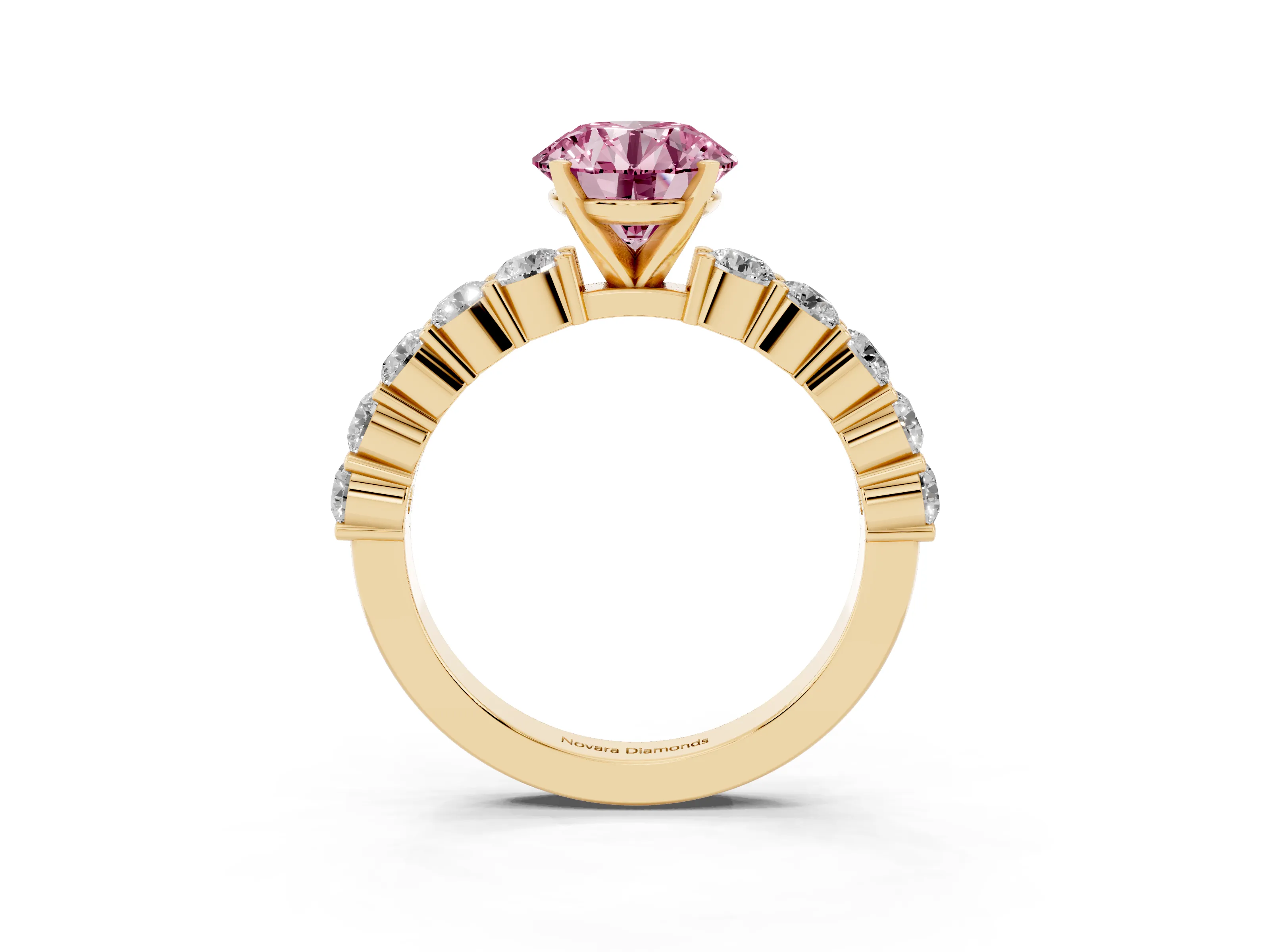 Fancy Pink Round Cut Diamond Solitaire Ring Set in Yellow gold with Shared Prong Round Side Stones
