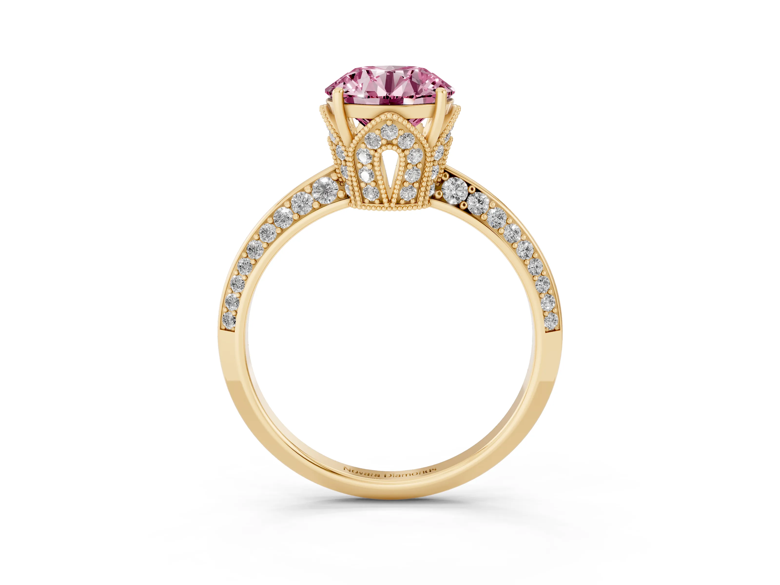 Fancy Pink Round Cut Diamond Solitaire Engagement Ring Set in Yellow gold with Pavé Split Shank and Prong Setting