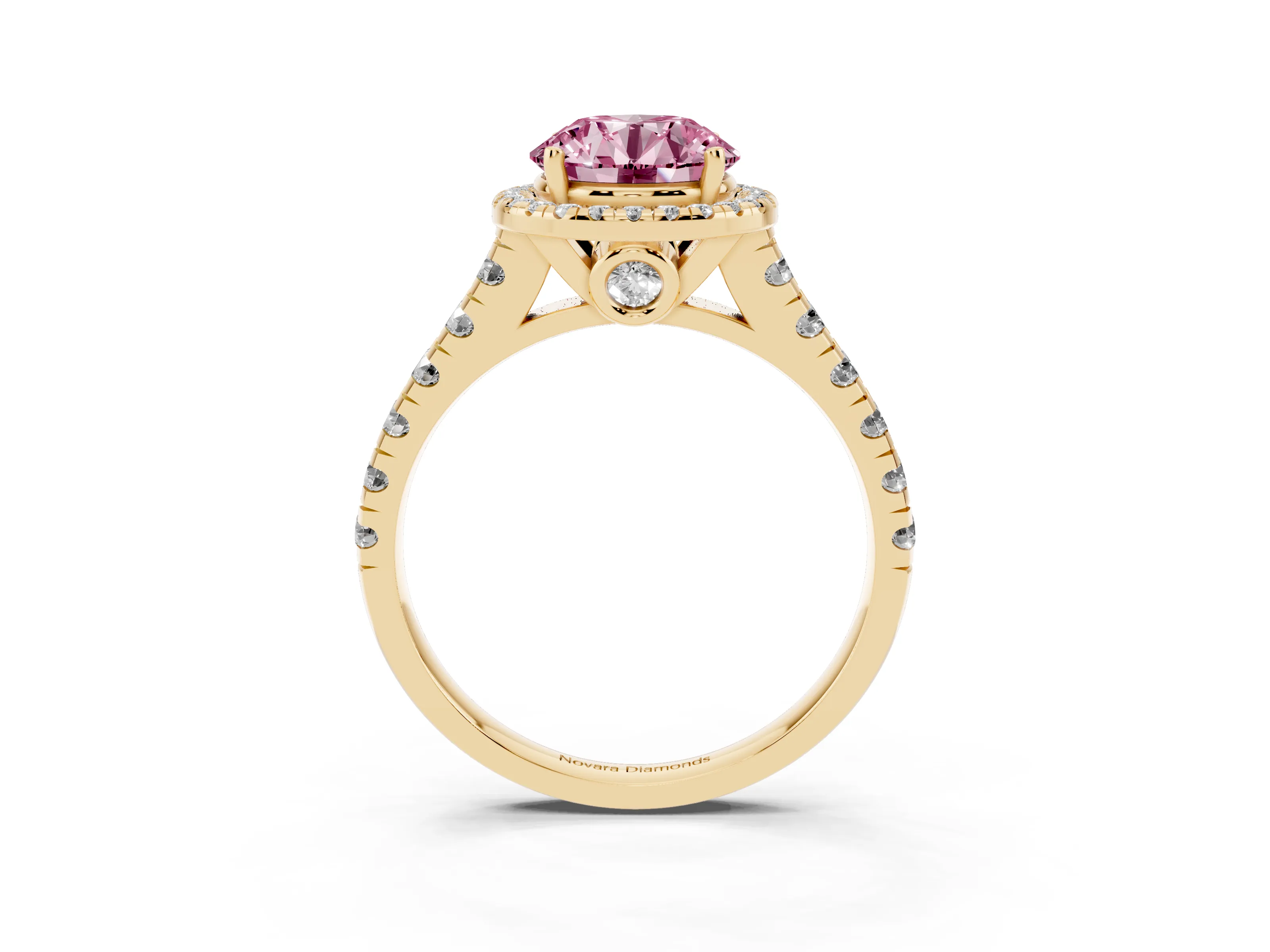 Fancy Pink Round Cut Diamond Halo Engagement Ring Set in Yellow gold with Pavé Band and Prong-Set Center