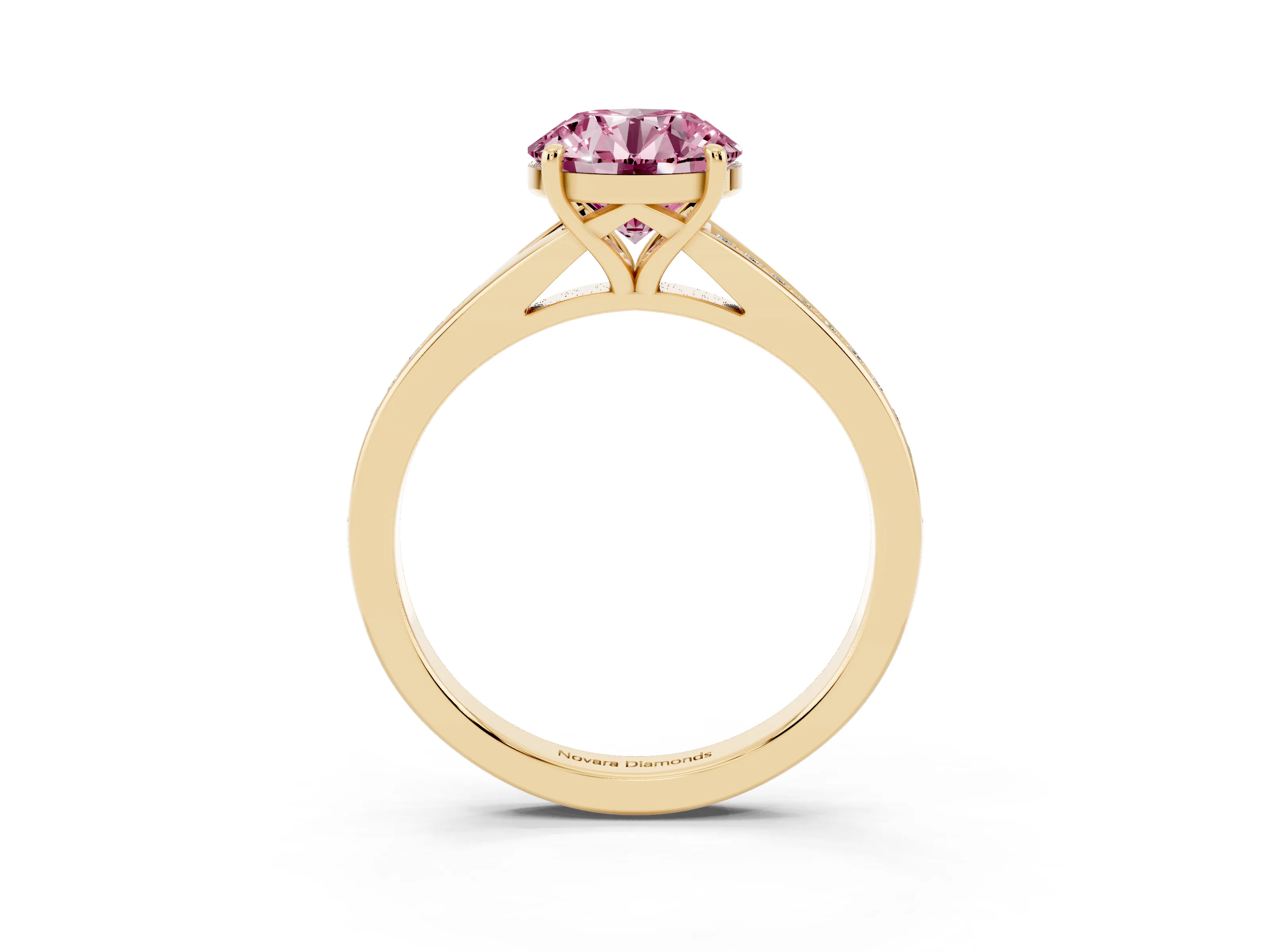 Fancy Pink Round Cut Diamond Solitaire Ring Set in Yellow gold with Pavé Accent Band and Classic Prong Setting