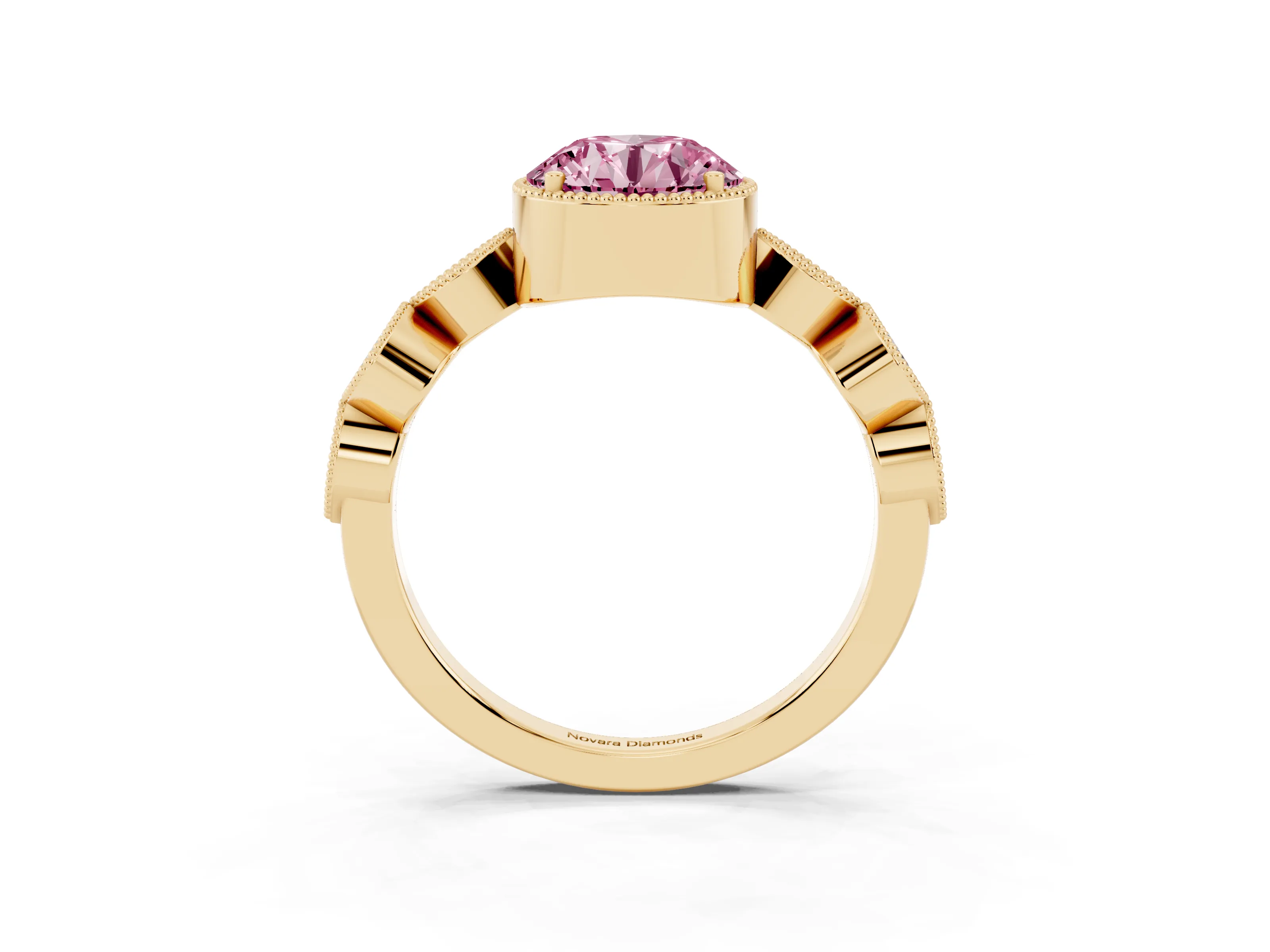 Fancy Pink Round Cut Diamond Vintage-Inspired Milgrain Ring Set in Yellow gold with Marquise Stations of Round Accents