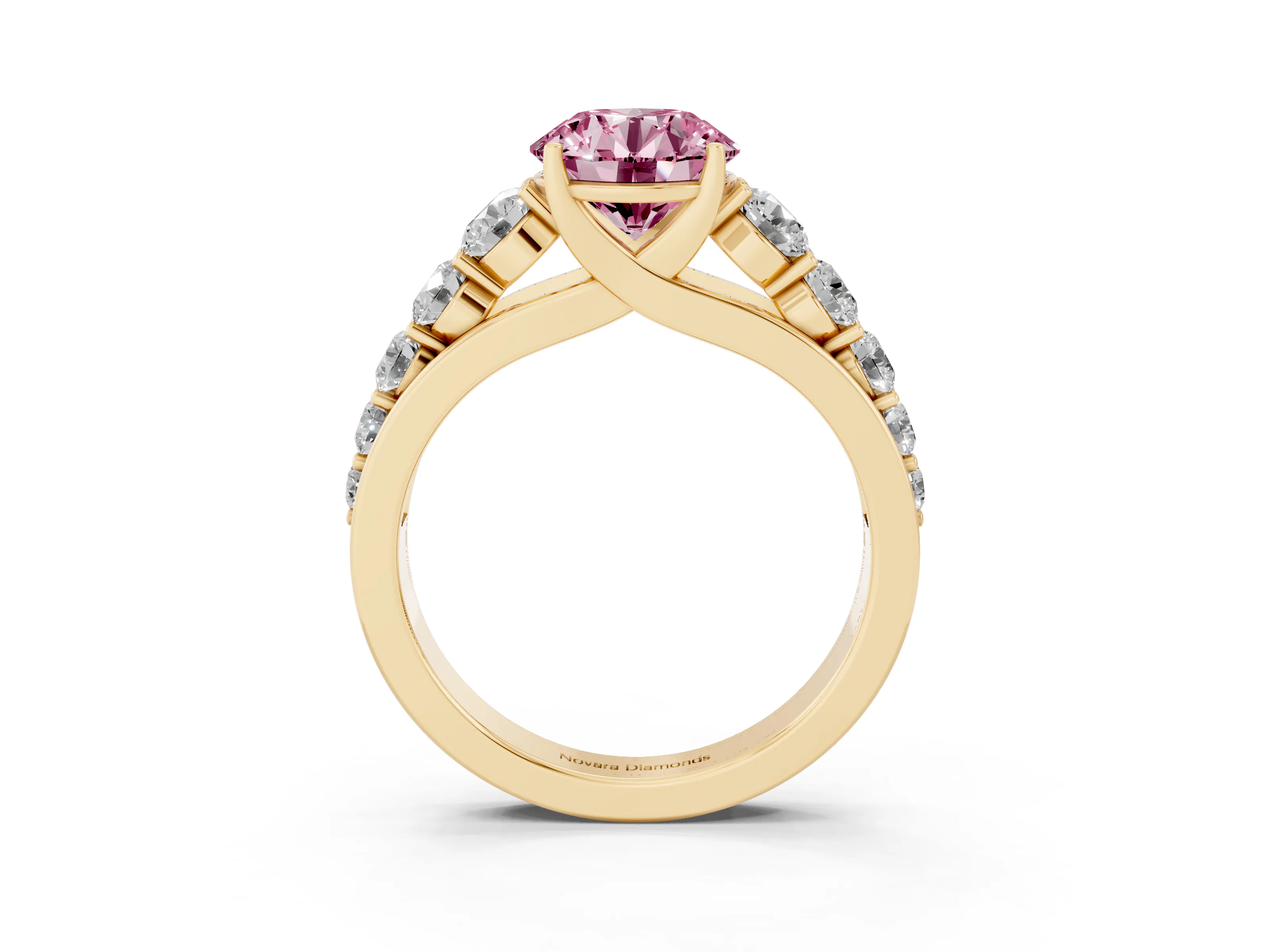 Fancy Pink Round Cut Diamond Solitaire Ring Set in Yellow gold with Pavé-Set Band and Prong Setting