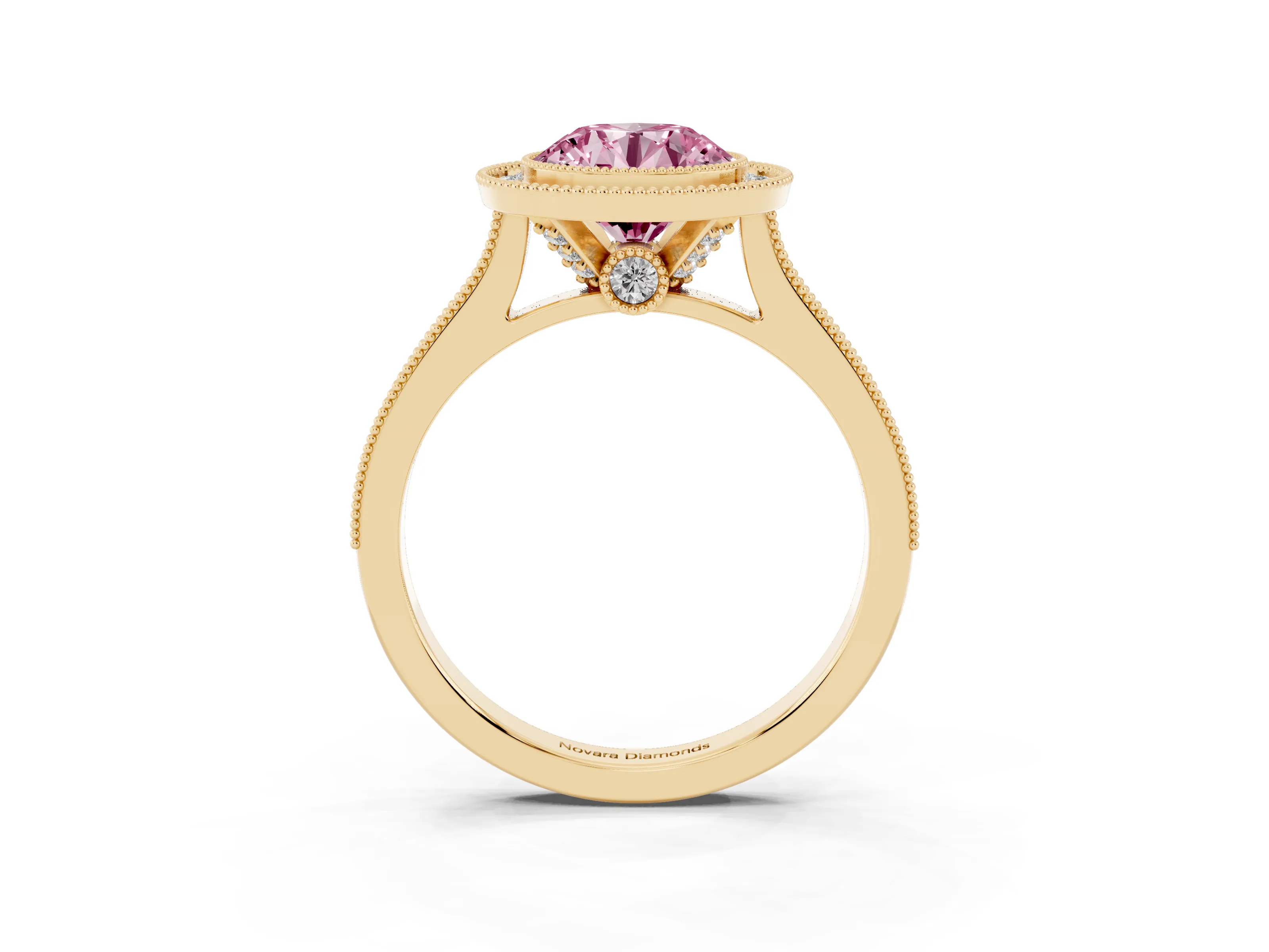 Fancy Pink Round Cut Diamond Halo Milgrain Pavé Band Ring Set in Yellow gold with Prong Setting
