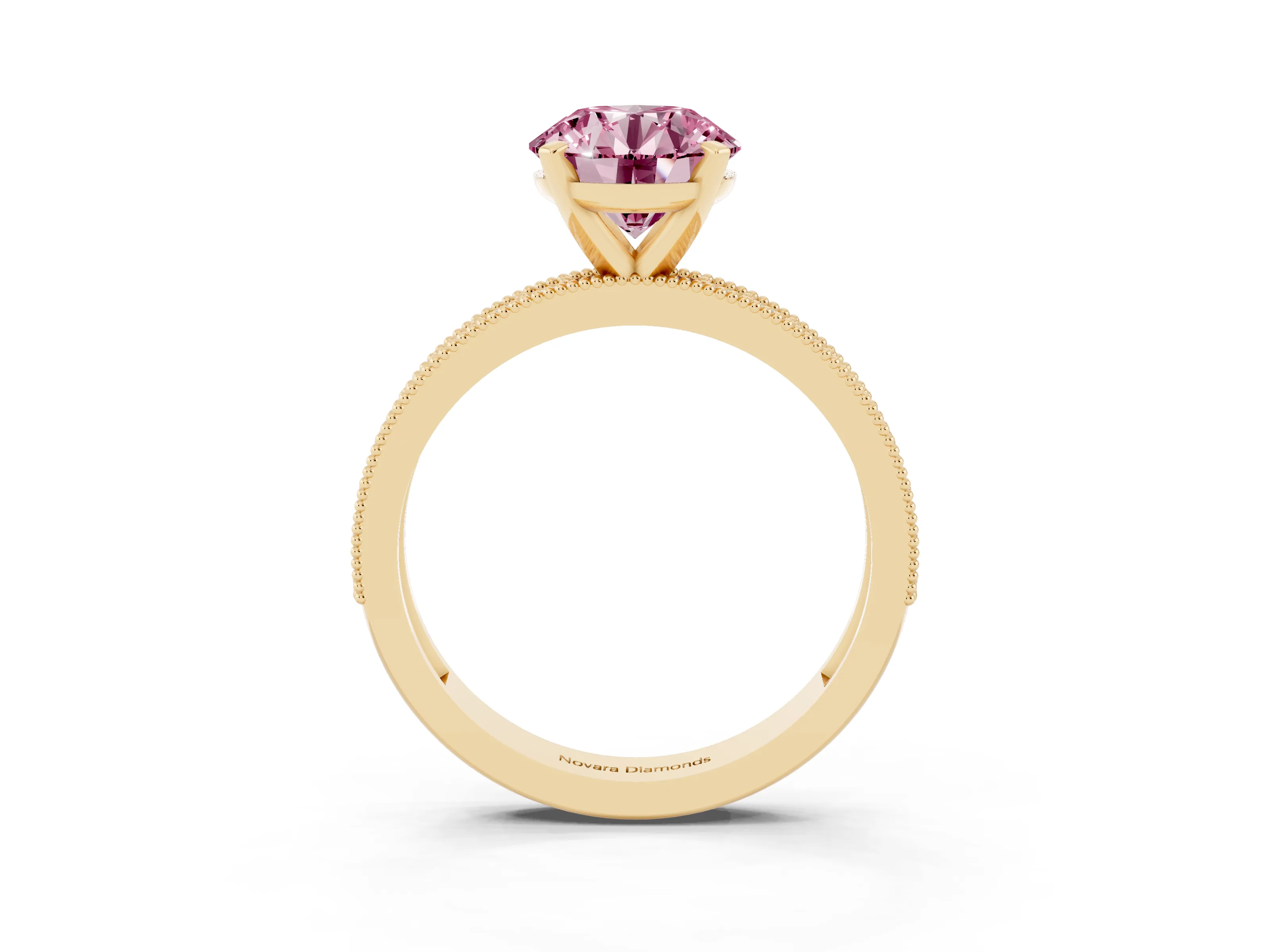 Fancy Pink Round Cut Diamond Milgrain Pavé Engagement Ring Set in Yellow gold with Prong Setting