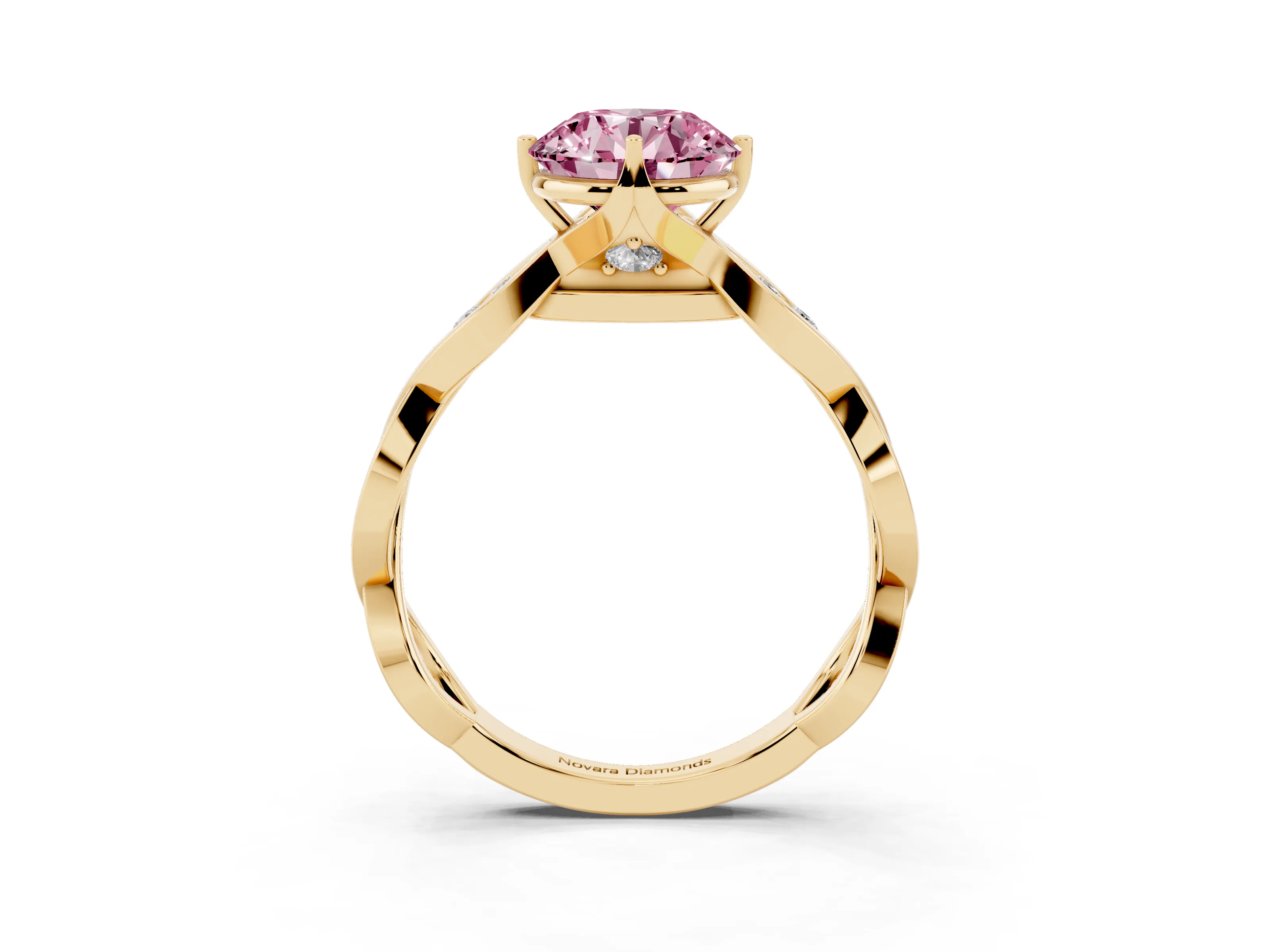 Fancy Pink Round Cut Diamond Twist Band Solitaire Ring Set in Yellow gold with Leaf Prong Setting and Accent Stones