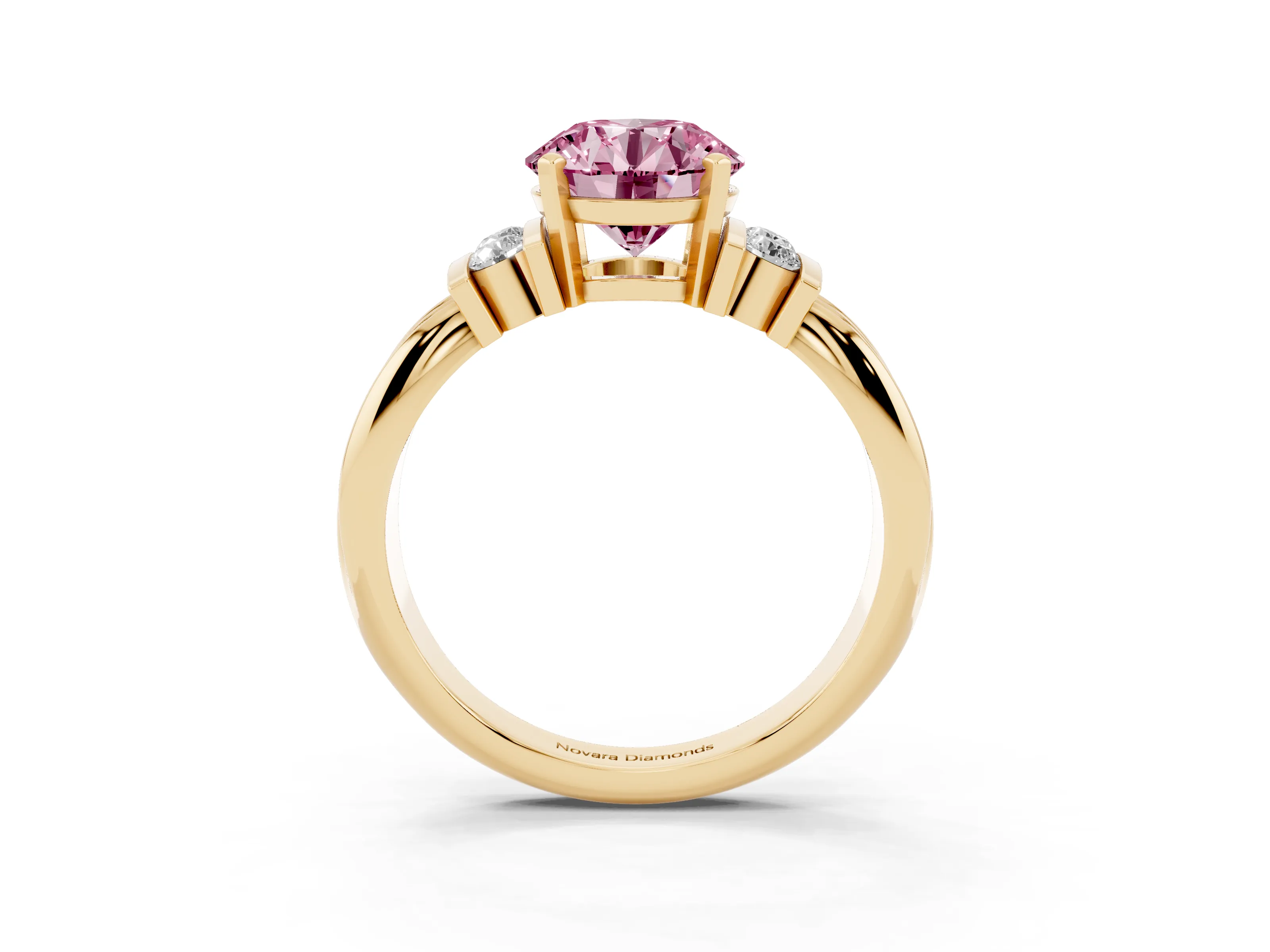 Fancy Pink Three-Stone Round Cut Diamond Channel Set Ring Set in Yellow gold with Bar Prongs