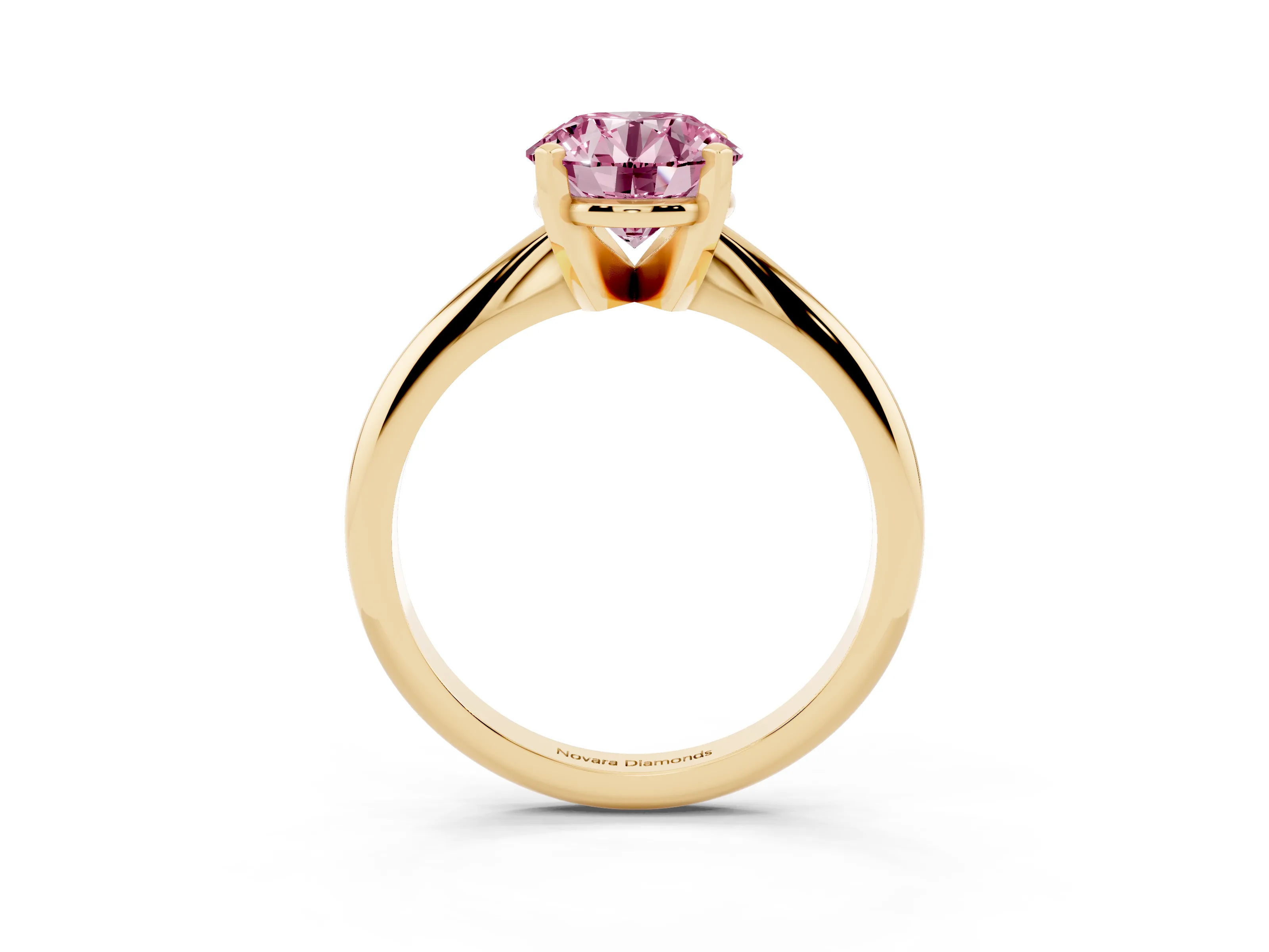 Fancy Pink Round Cut Diamond Solitaire Ring Set in Yellow gold with Prong Setting on a Plain Round Band