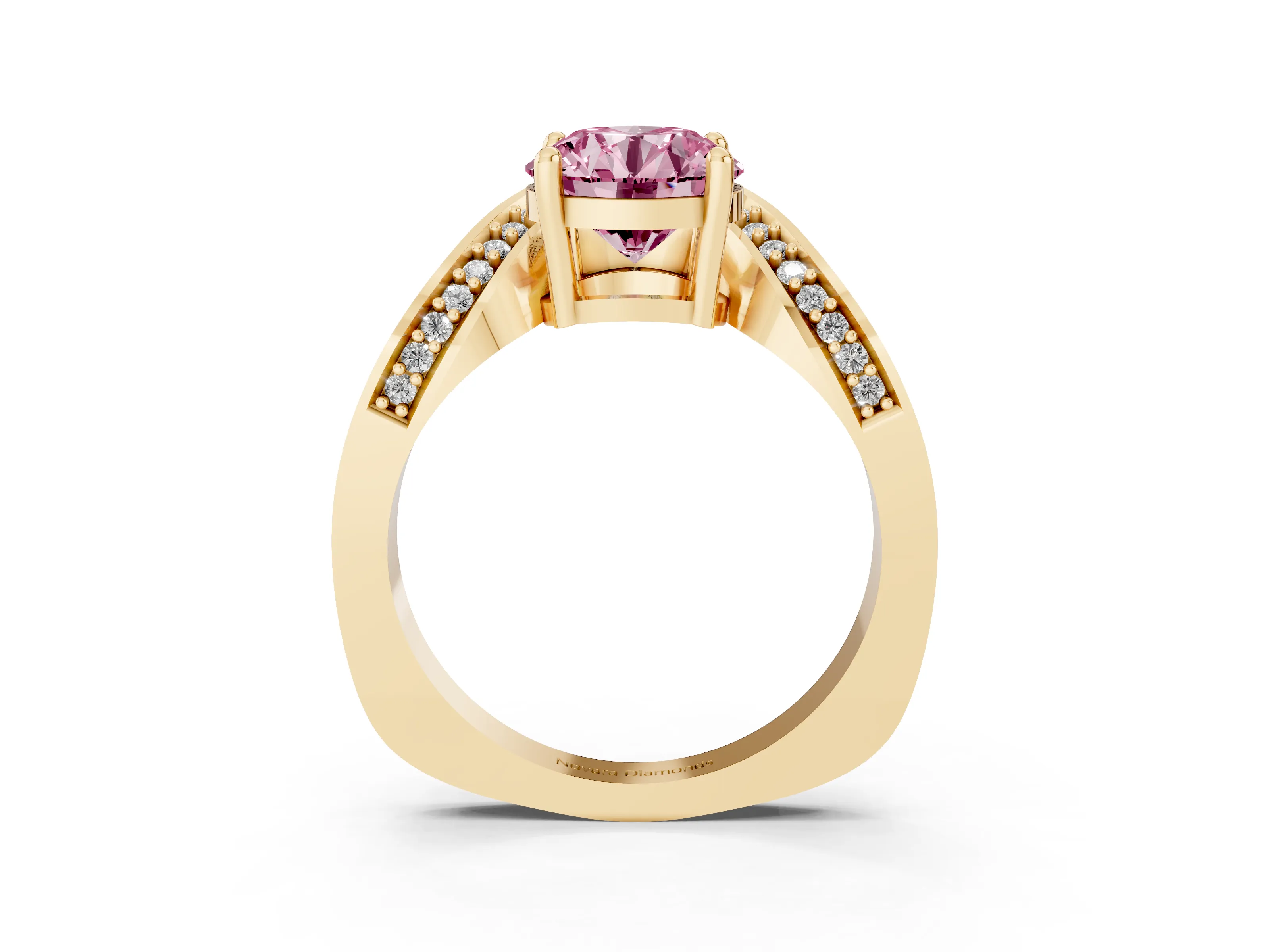 Fancy Pink Round Cut Diamond Solitaire Engagement Ring Set in Yellow gold with Pavé Shoulders