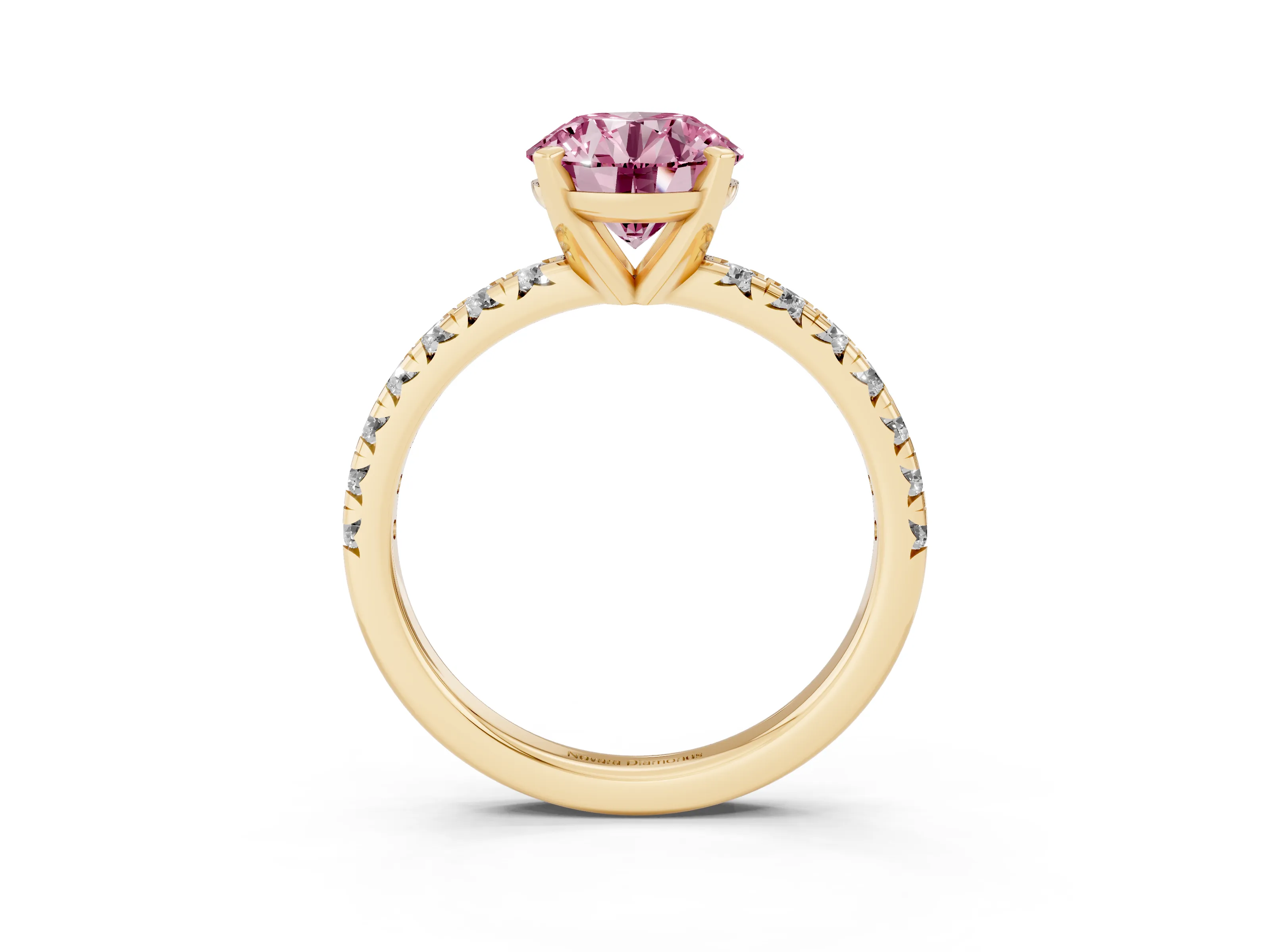 Fancy Pink Round Cut Diamond Solitaire Pavé Engagement Ring Set in Yellow gold with Round Band and Prong Setting
