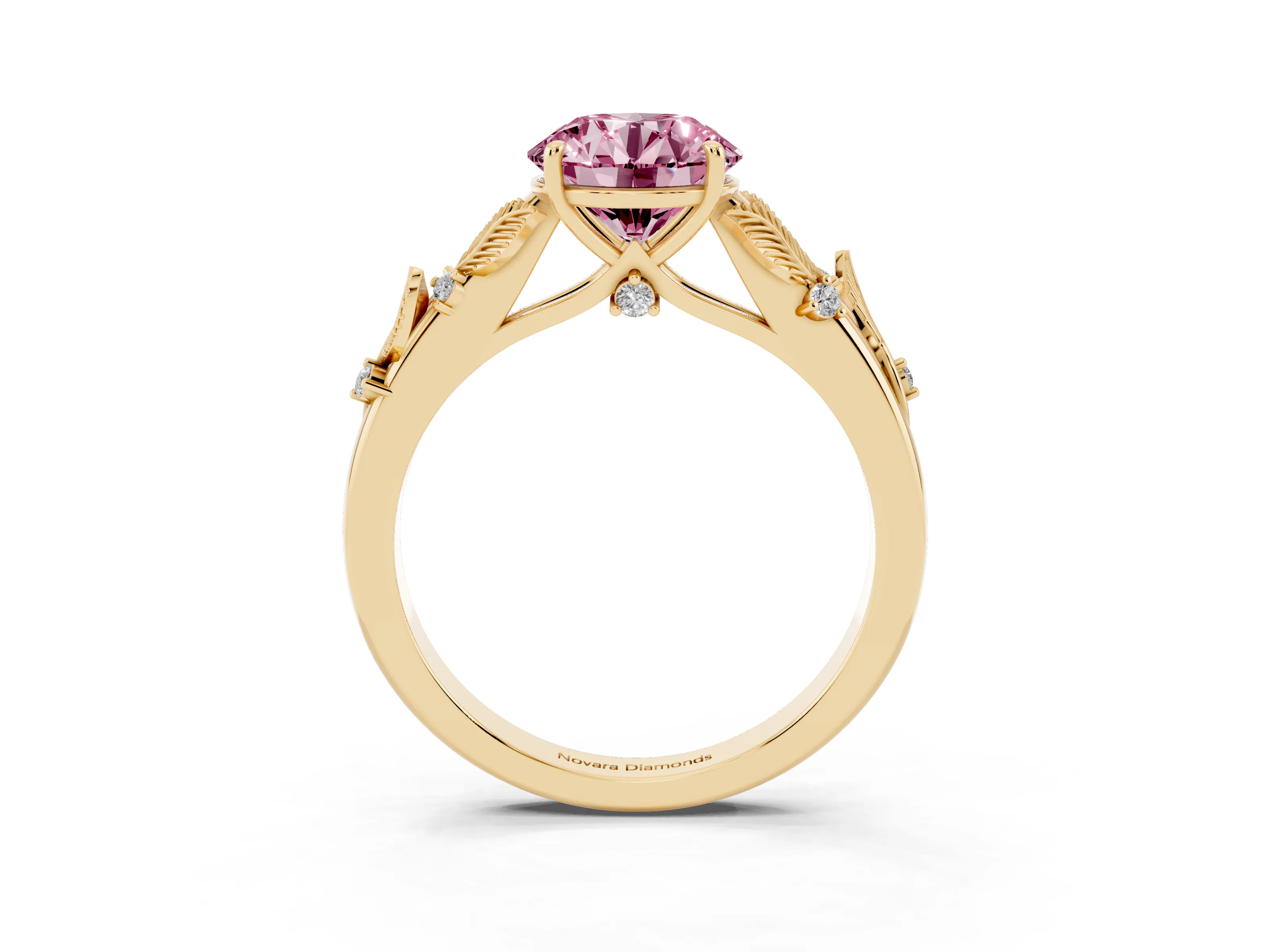 Fancy Pink Round Cut Diamond Solitaire Ring Set in Yellow gold with Leaf Motif Band