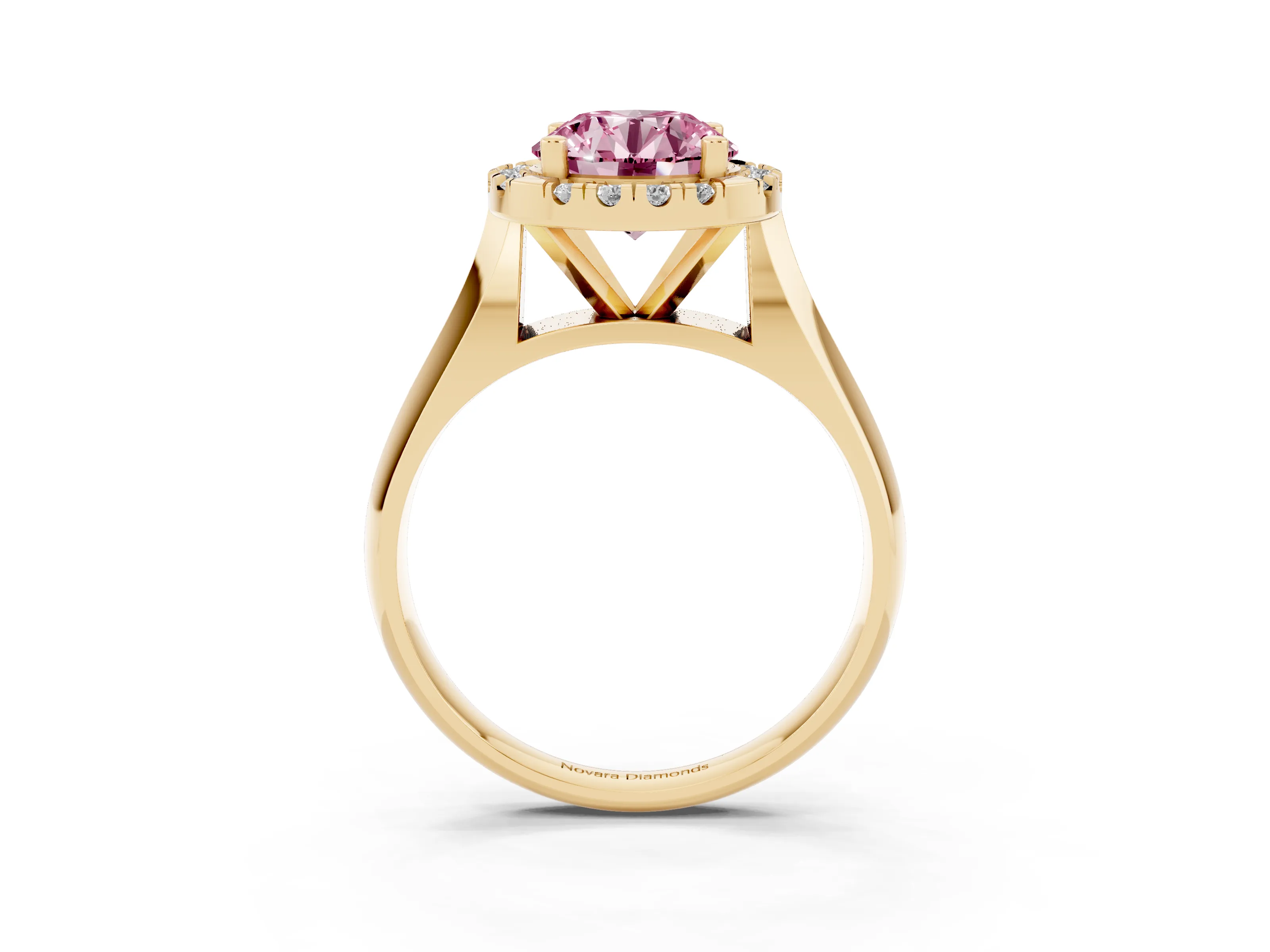 Fancy Pink Round Cut Diamond Halo Solitaire Engagement Ring Set in Yellow gold with Square Band and Prong Setting