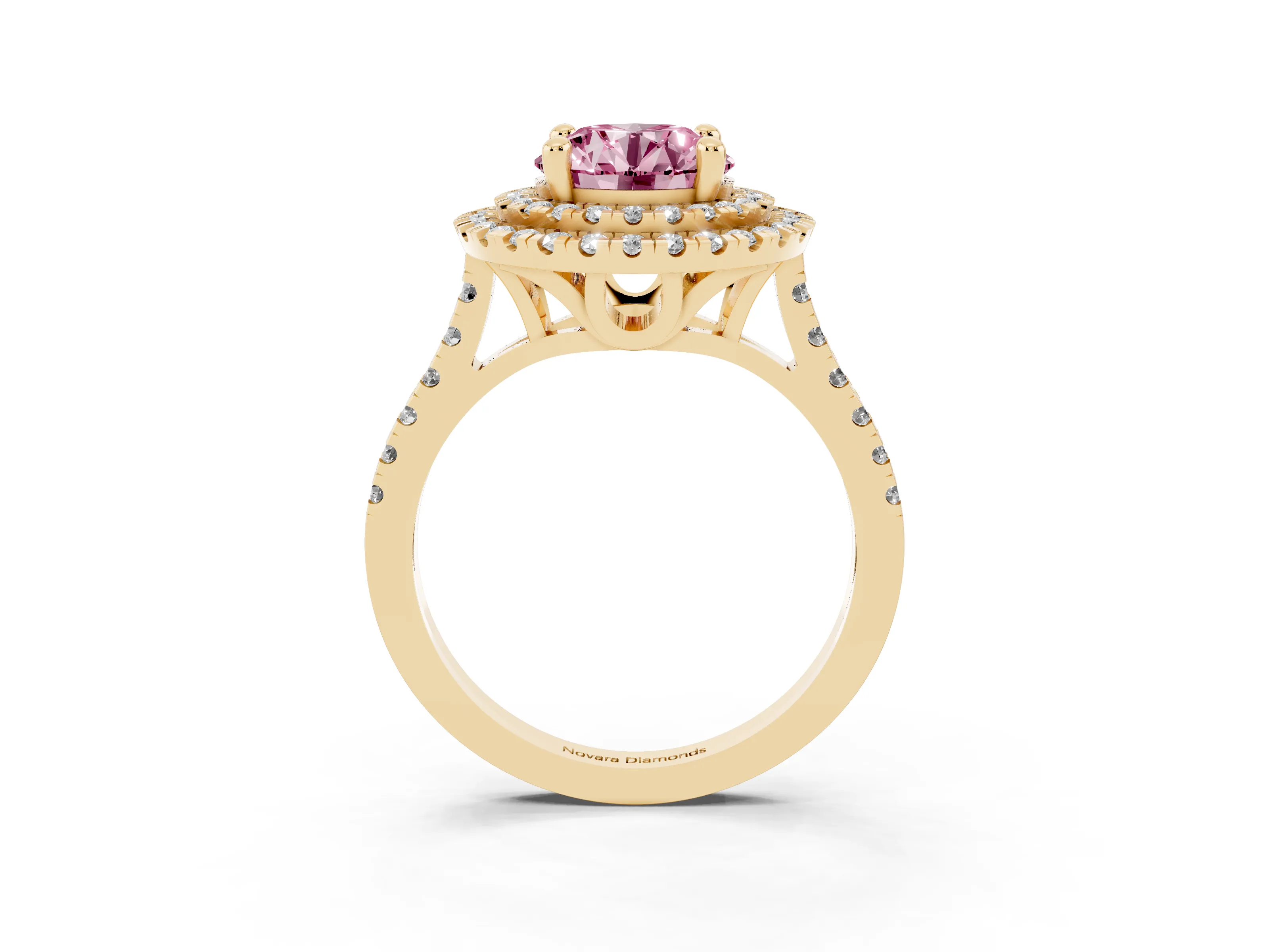 Fancy Pink Round Cut Diamond Double Halo Statement Ring Set in Yellow gold with Pavé Band