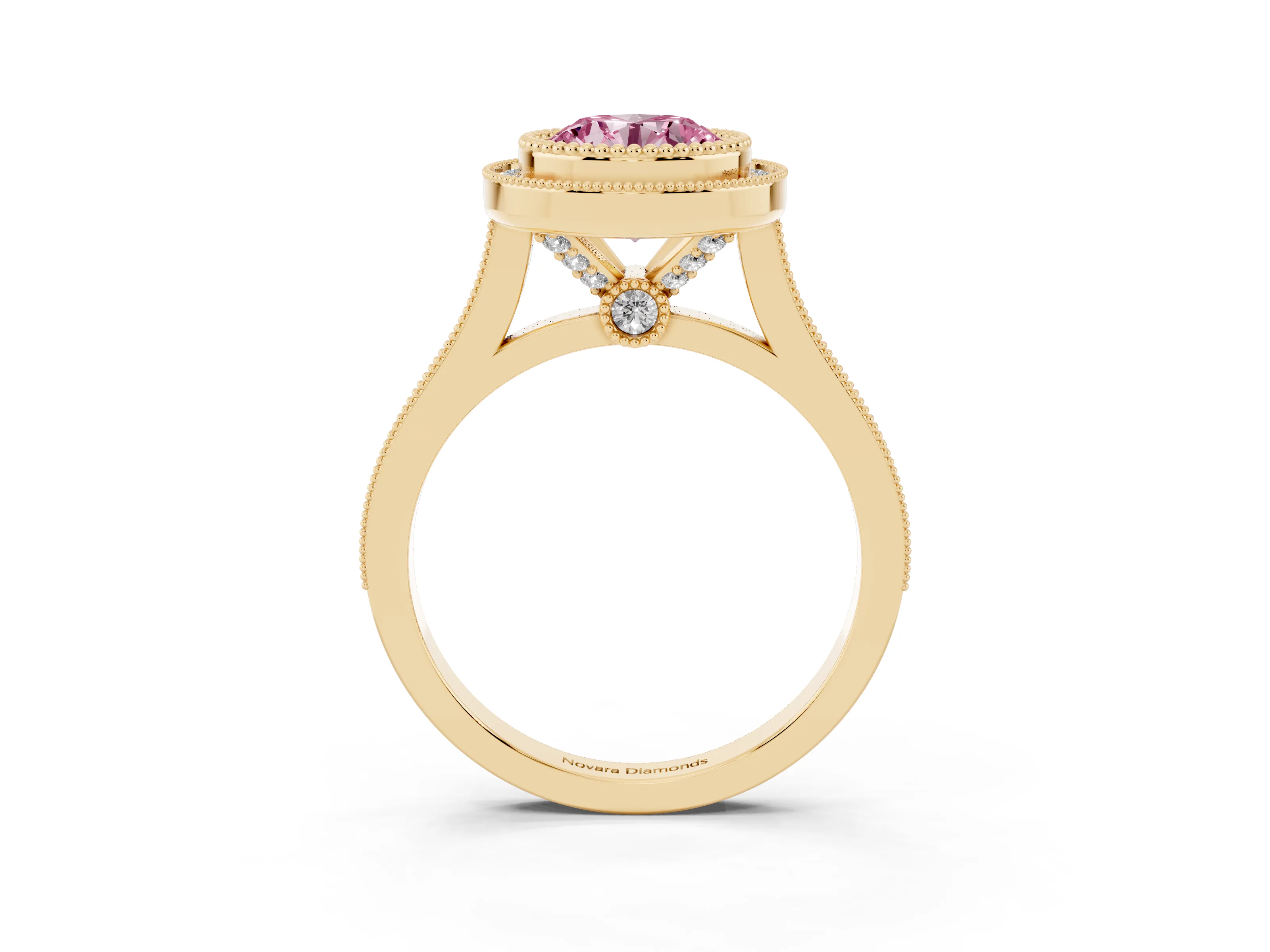 Fancy Pink Round Cut Diamond Halo Ring Set in Yellow gold with Milgrain Frame and Pavé Band