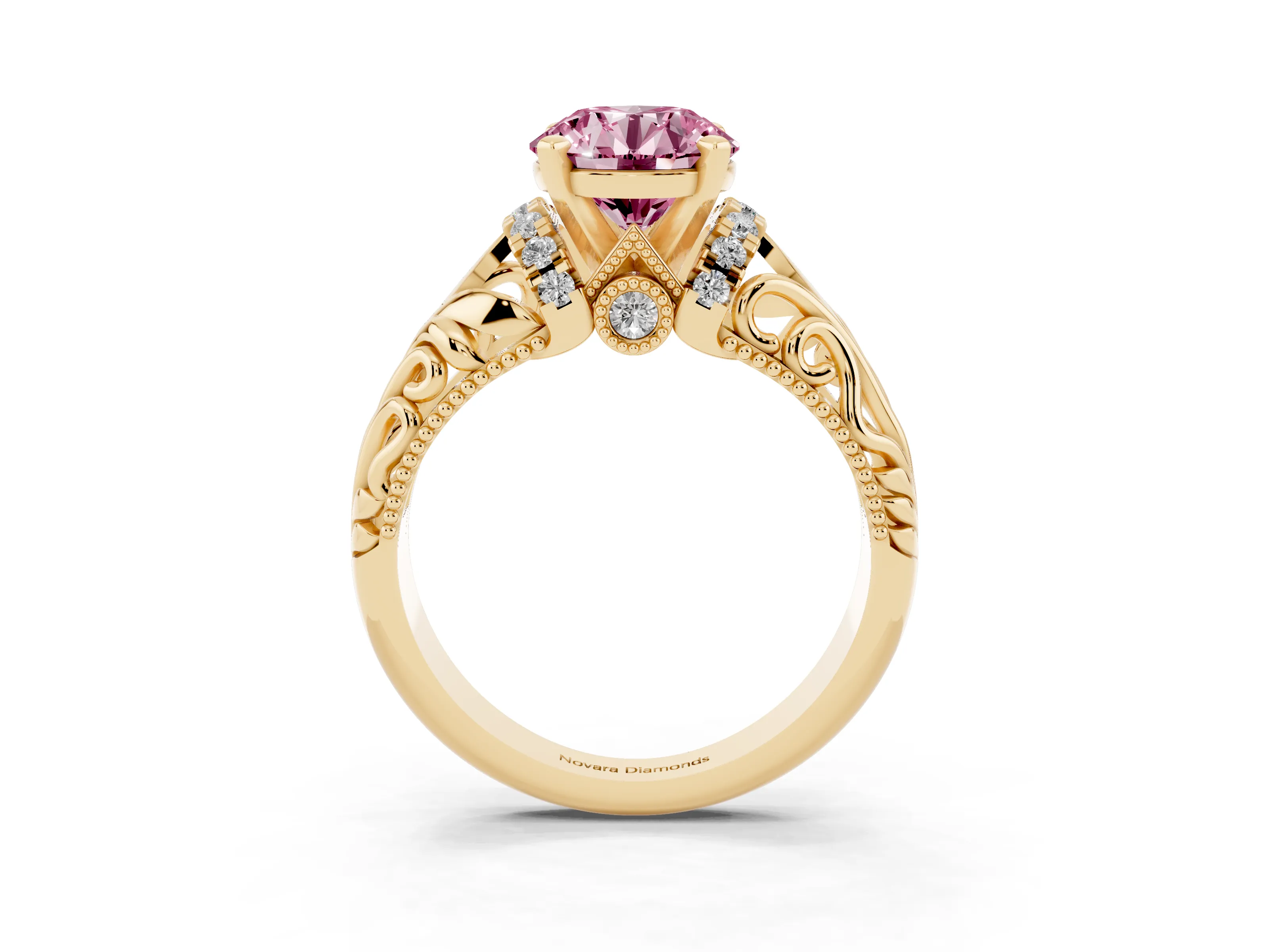 Fancy Pink Round Cut Diamond Filigree Halo Engagement Ring Set in Yellow gold with Prong Setting
