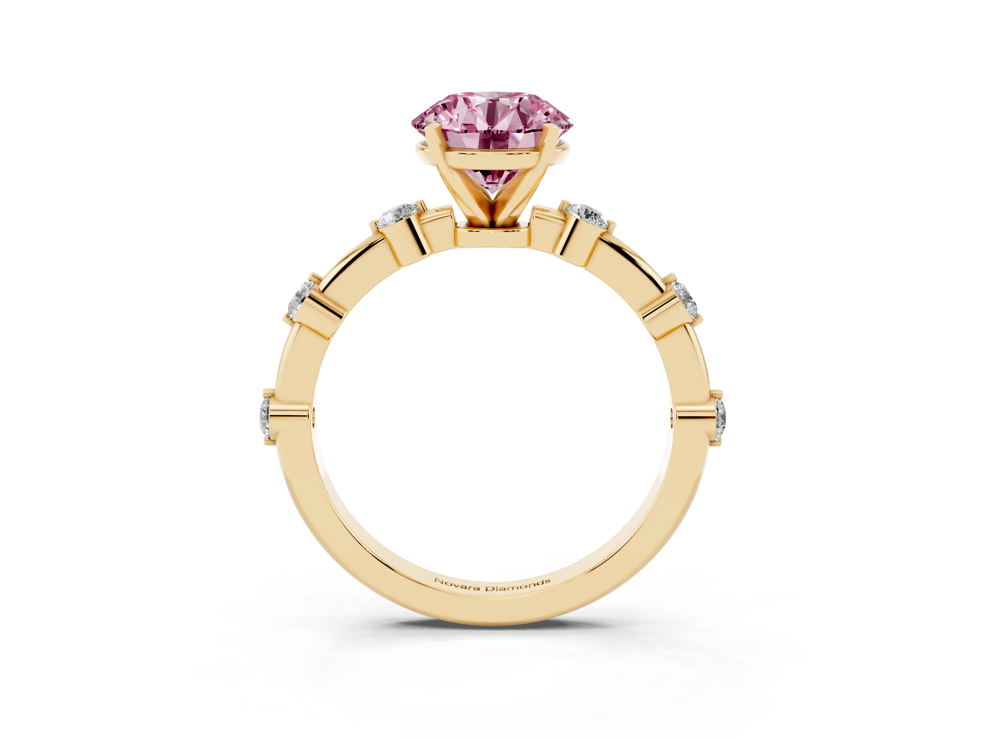 Fancy Pink Round Cut Diamond Solitaire Ring Set in Yellow gold with Bezel Set Side Stones and Prong Setting