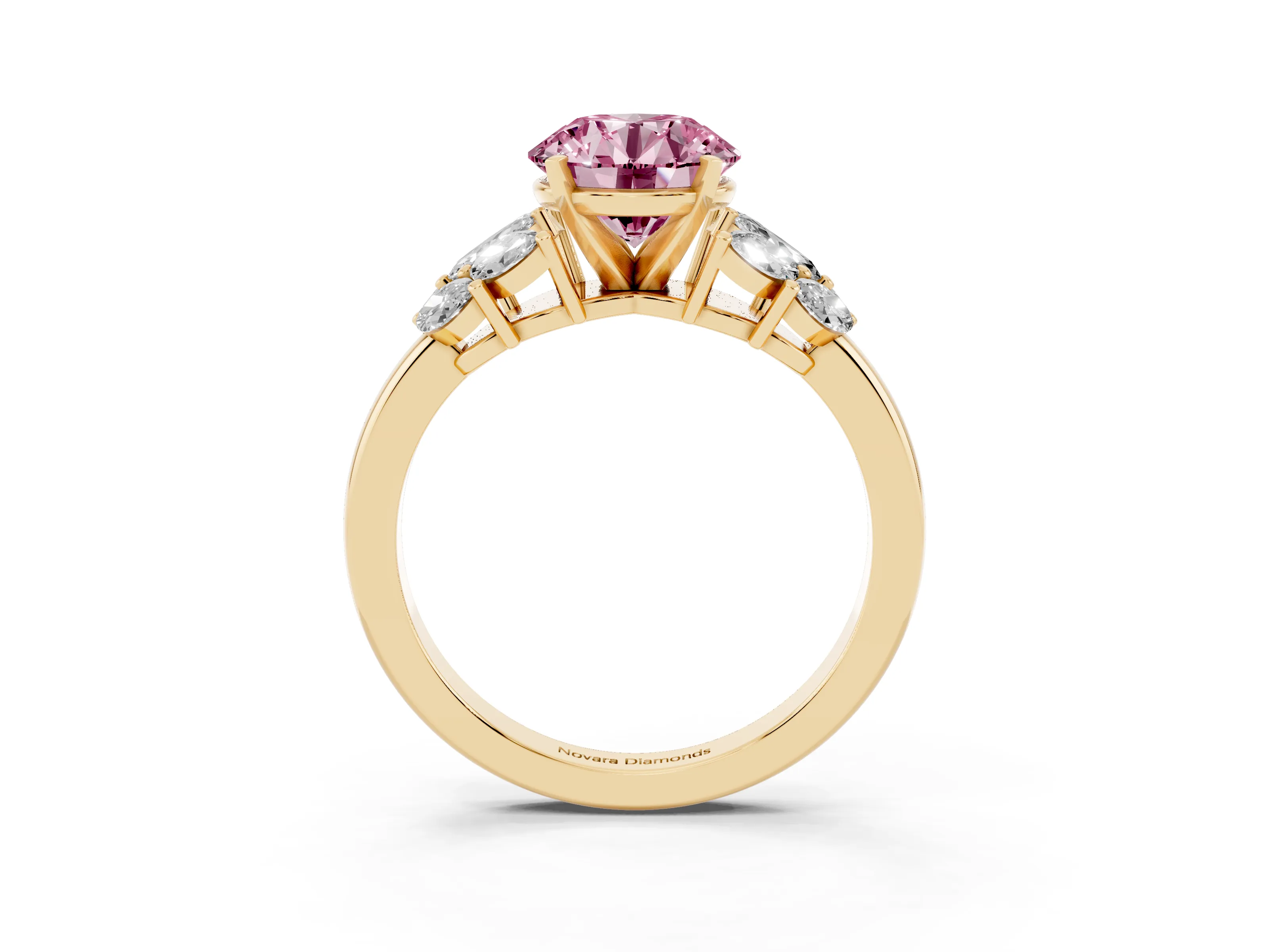 Fancy Pink Round Cut Diamond Cluster Leaf Design Ring Set in Yellow gold with Prong Setting