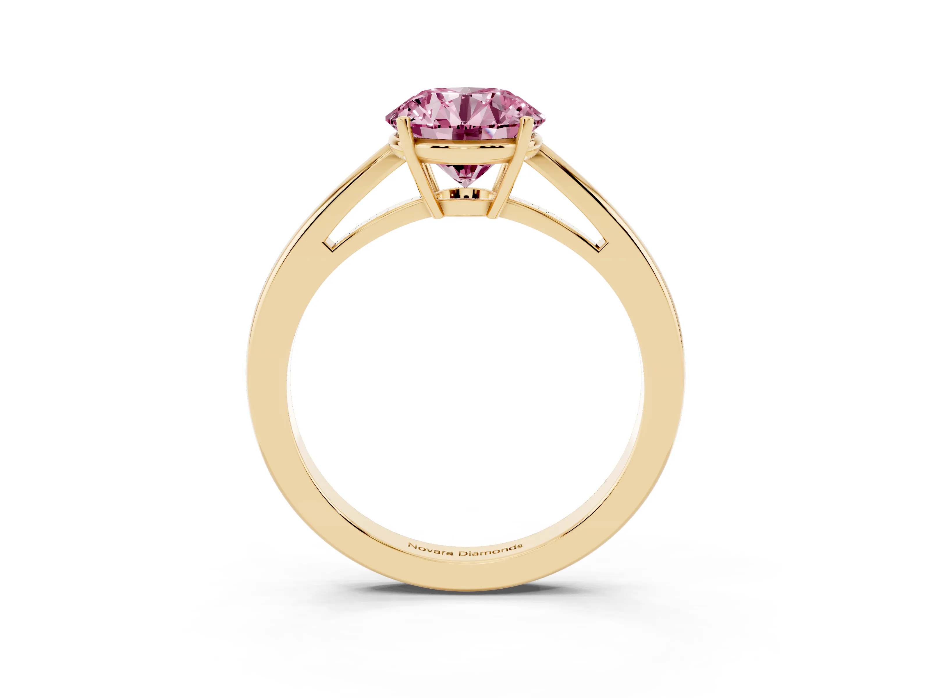 Fancy Pink Round Cut Diamond Solitaire Ring Set in Yellow gold with Split Shank and Prong Setting