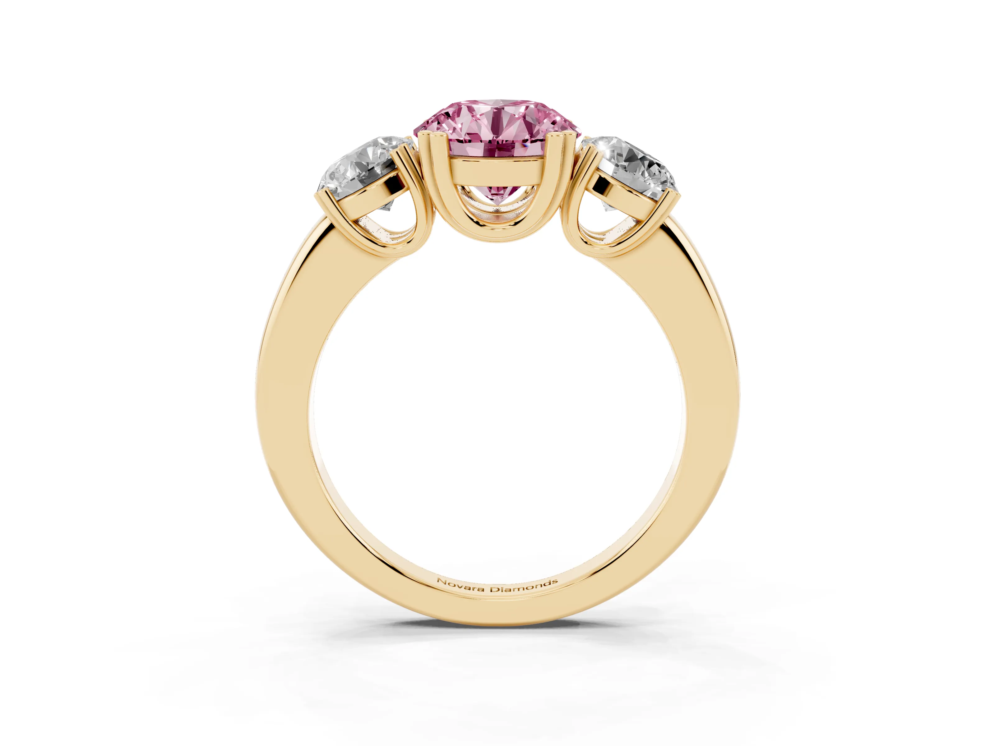 Fancy Pink Round Cut Diamond Three-Stone Ring Set in Yellow gold with Polished Channel-Set Band