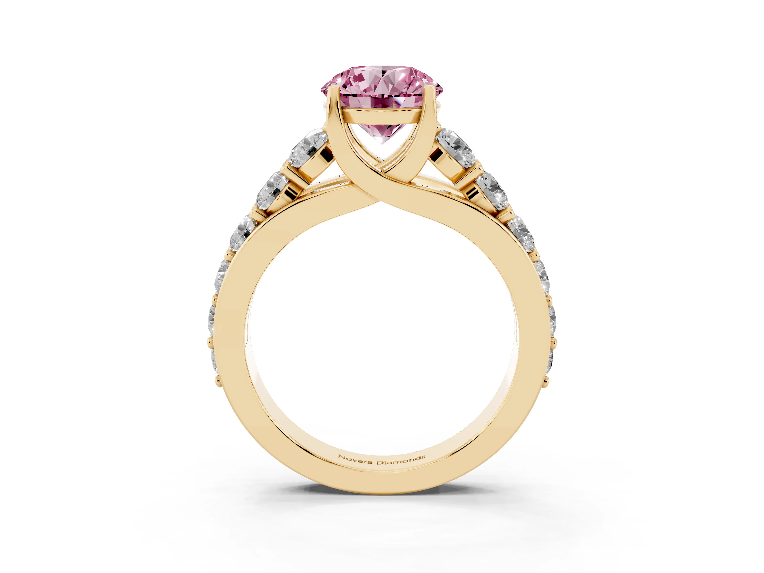 Fancy Pink Round Cut Diamond Pavé Engagement Ring Set in Yellow gold with Prong Setting