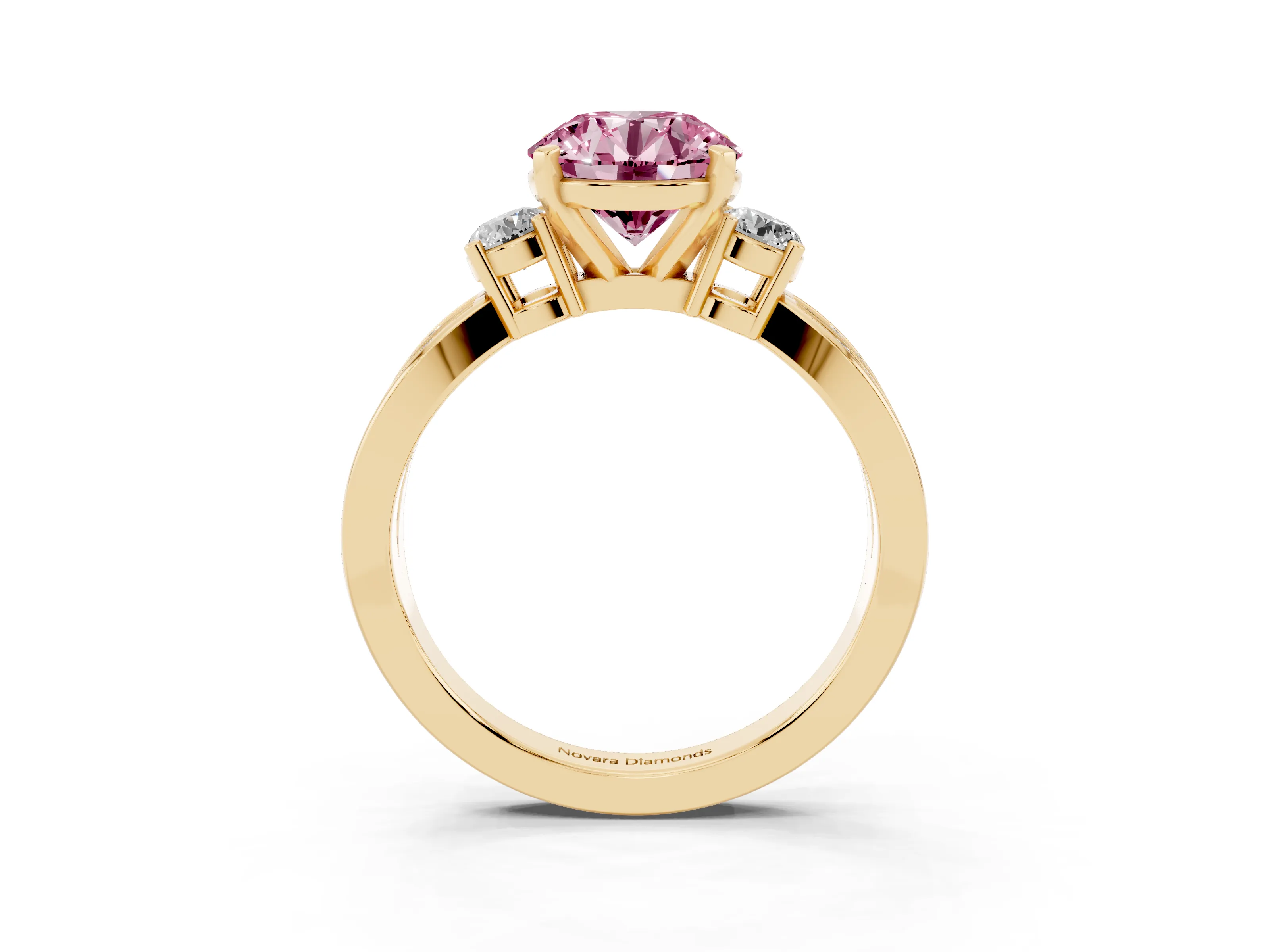 Fancy Pink Three-Stone Round Cut Diamond Twist Band Ring Set in Yellow gold with Pavé Accents and Prong Setting