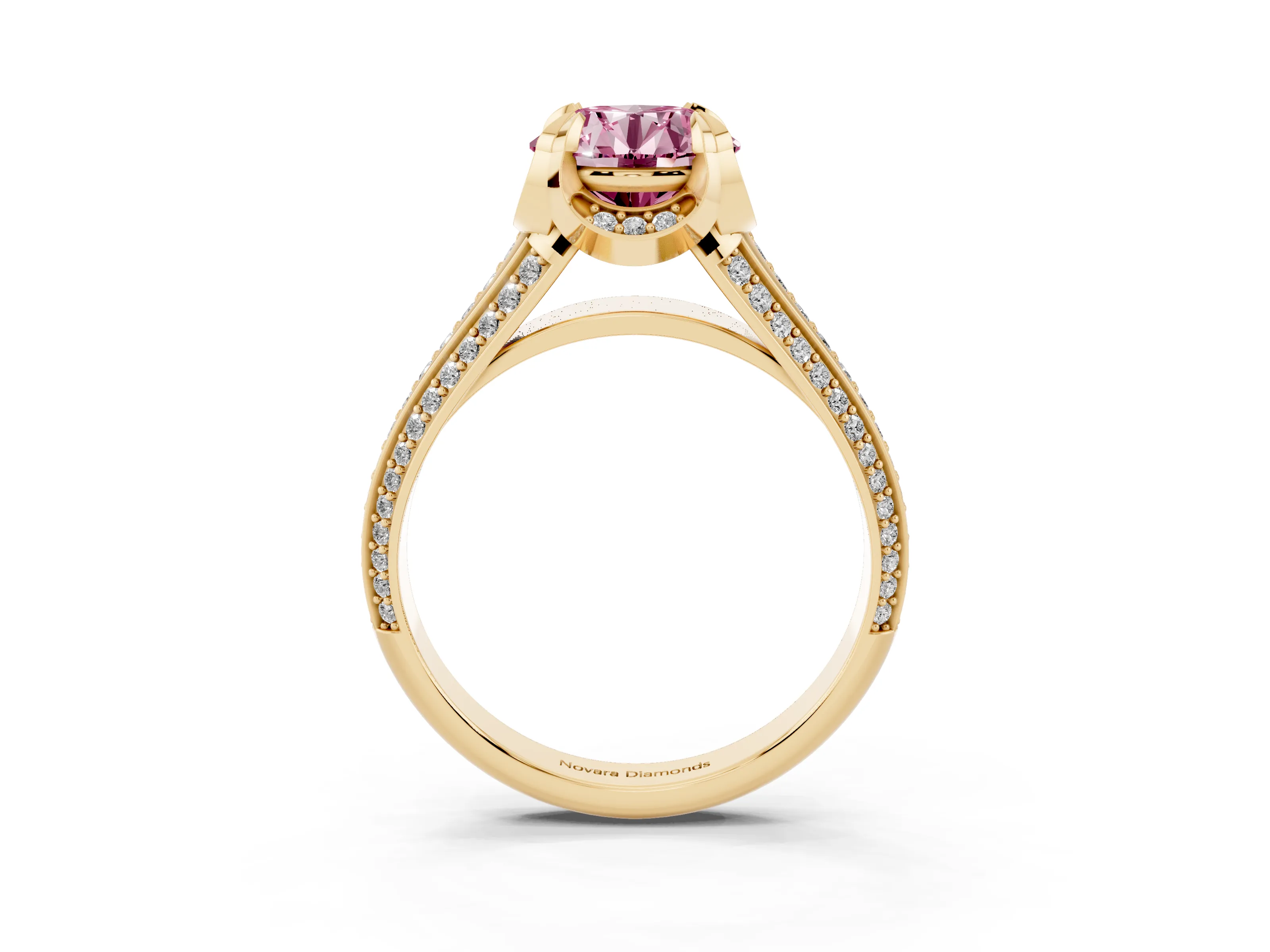 Fancy Pink Round Cut Diamond Pavé Split Shank Solitaire Ring Set in Yellow gold with Prong Setting