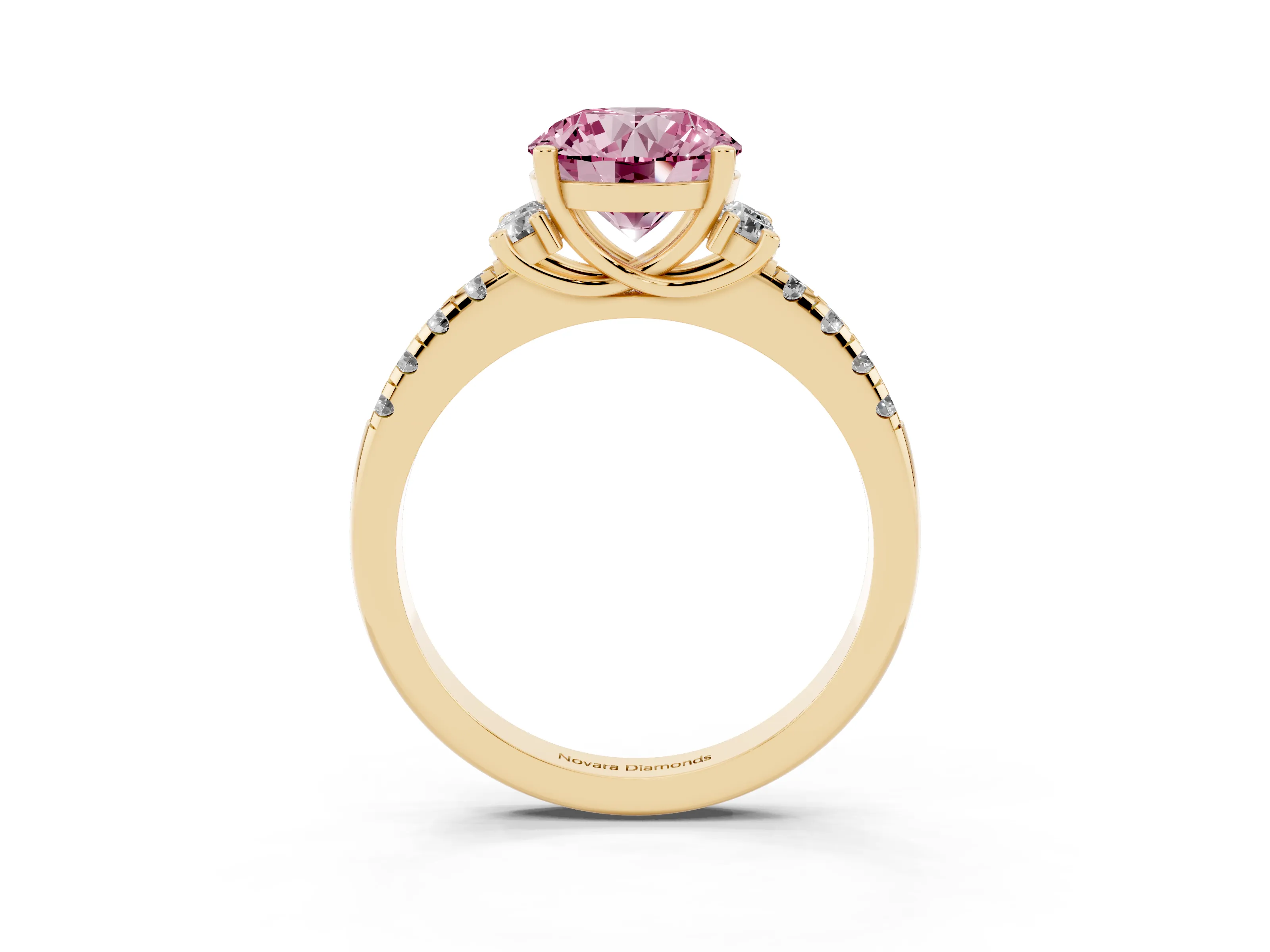 Fancy Pink Round Cut Diamond Three-Stone Pavé Ring Set in Yellow gold with Prong Setting