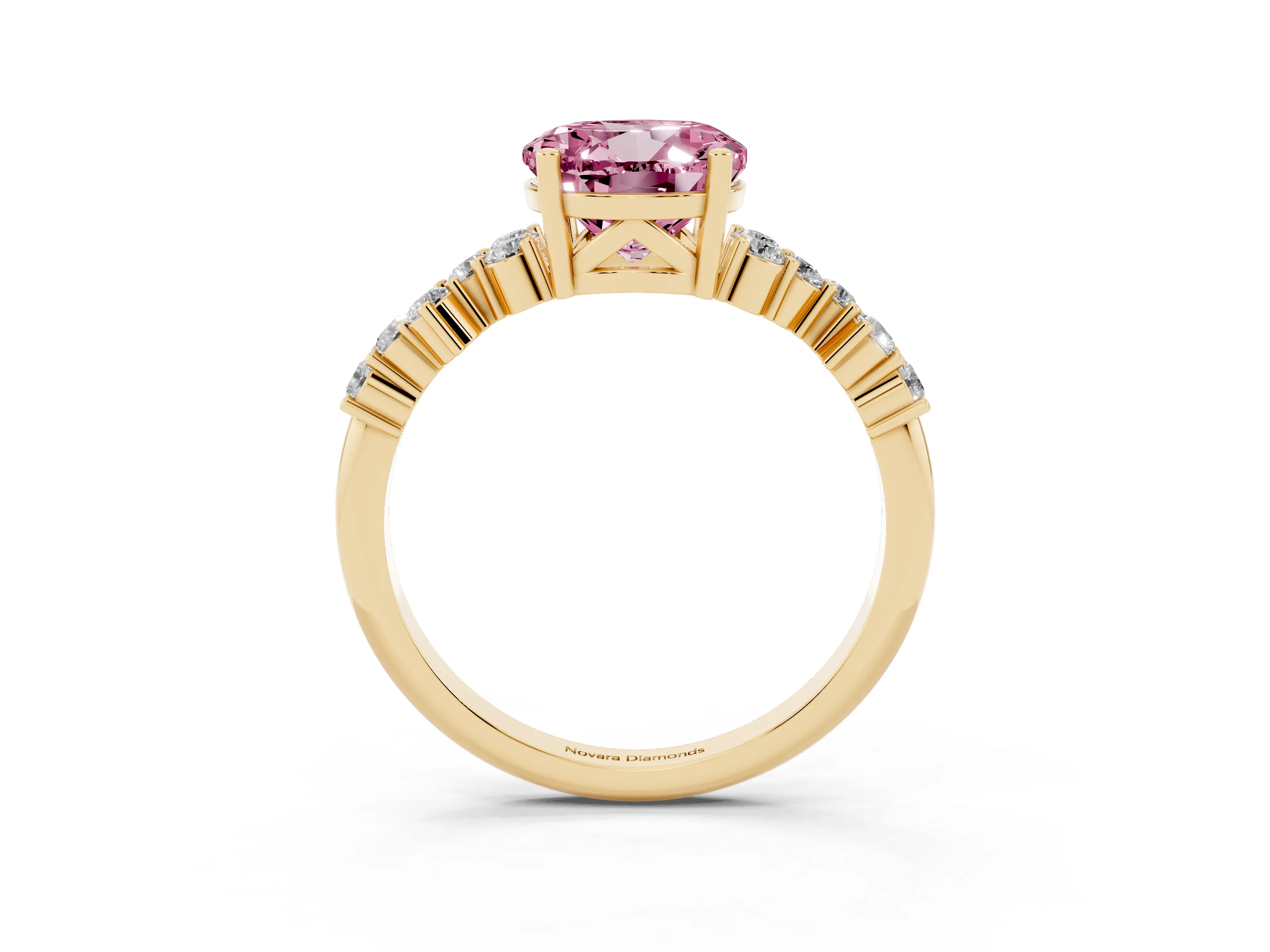 Fancy Pink Round Cut Diamond Ring Set in Yellow gold with Scattered Round Accents