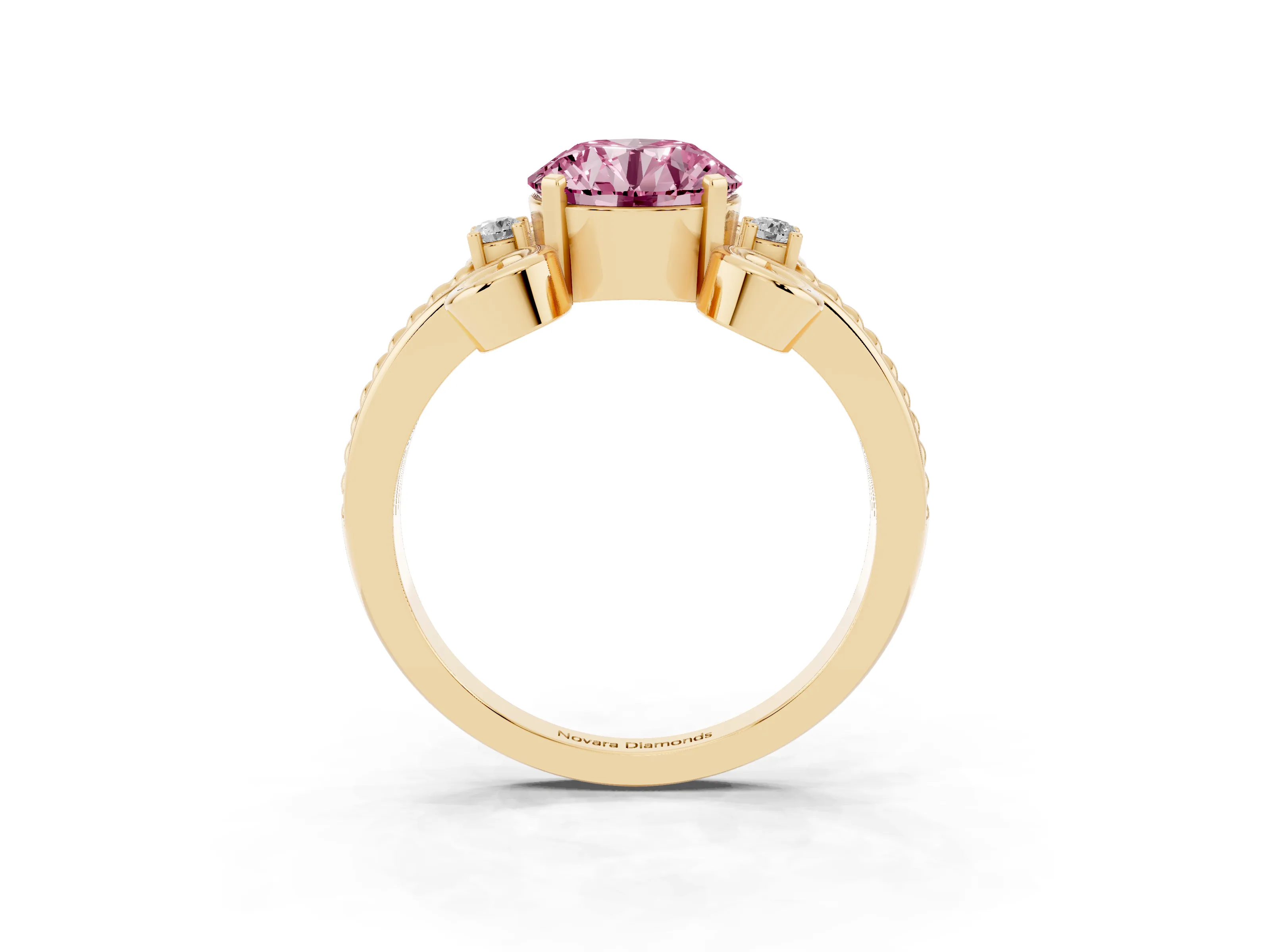 Fancy Pink Round Cut Diamond Twisted Band Solitaire Ring Set in Yellow gold with Scroll Prongs