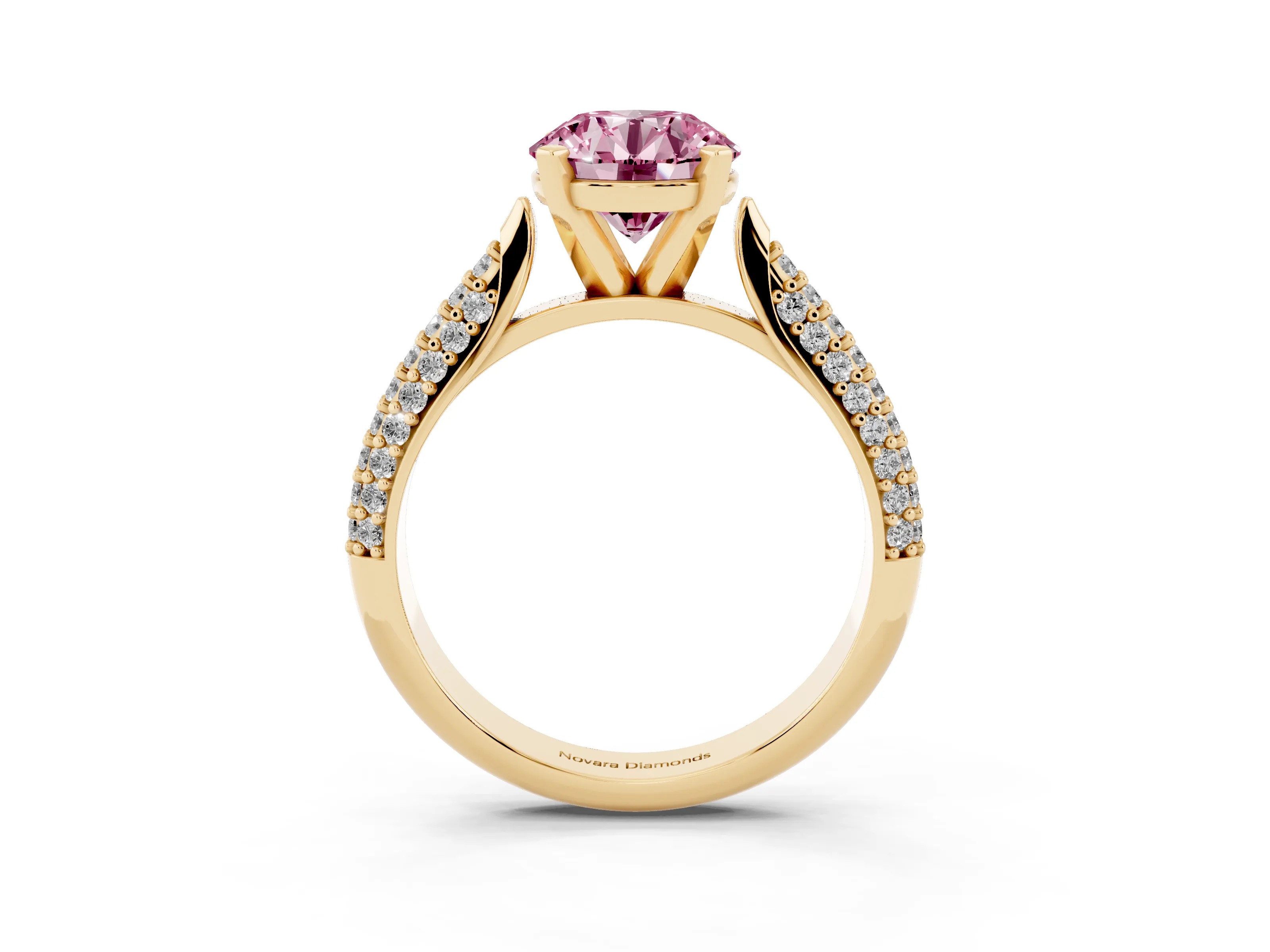 Fancy Pink Round Cut Diamond Solitaire Engagement Ring Set in Yellow gold with Multi-Row Round Pavé Band and Prong Setting