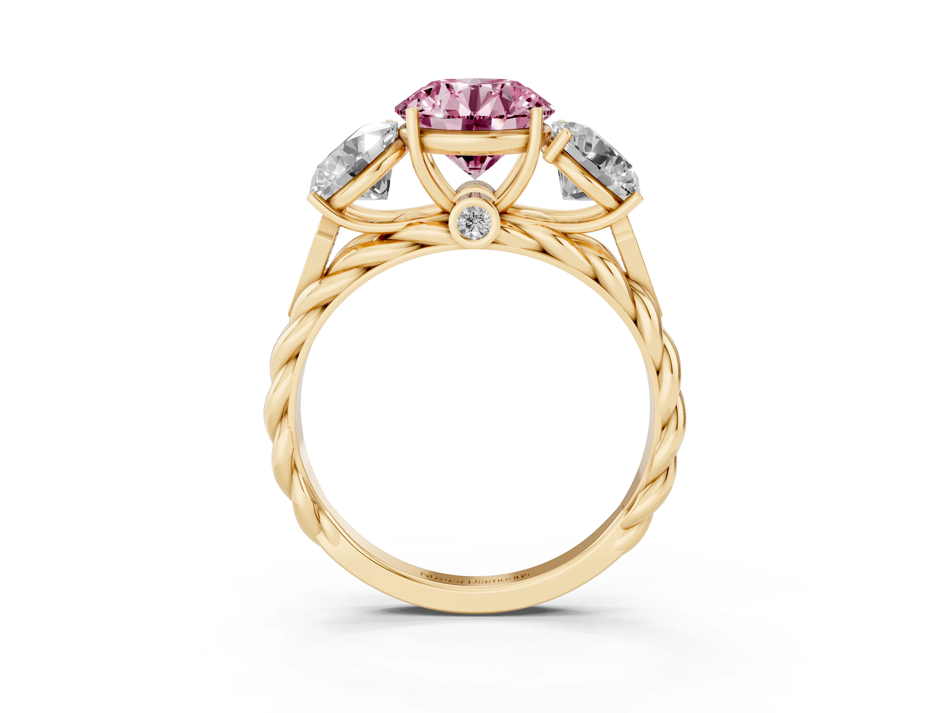 Fancy Pink Round Cut Diamond Three-Stone Ring Set in Yellow gold with Braided Band