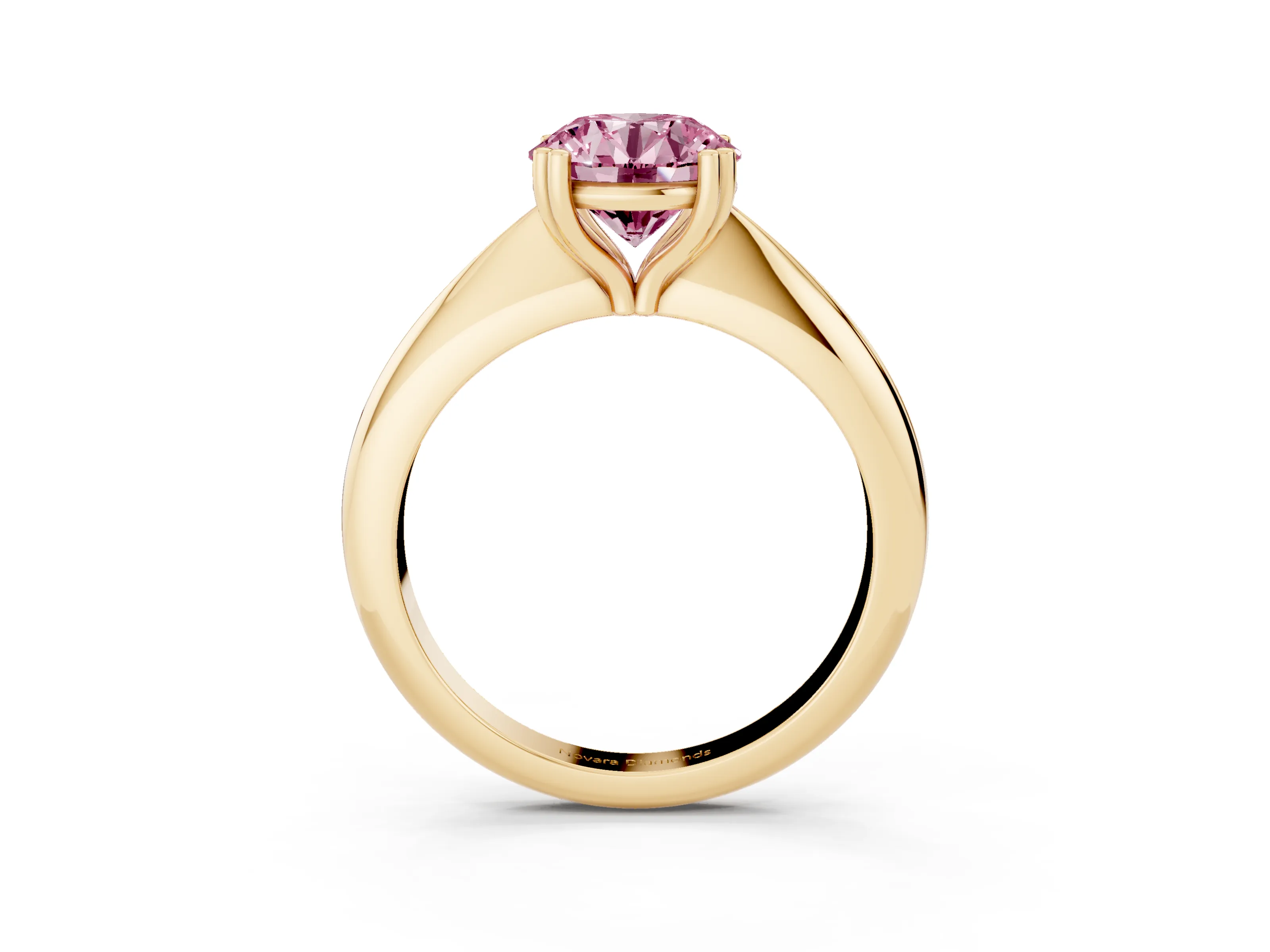 Fancy Pink Round Cut Diamond Solitaire Engagement Ring Set in Yellow gold with Tapered Band and Prong Setting