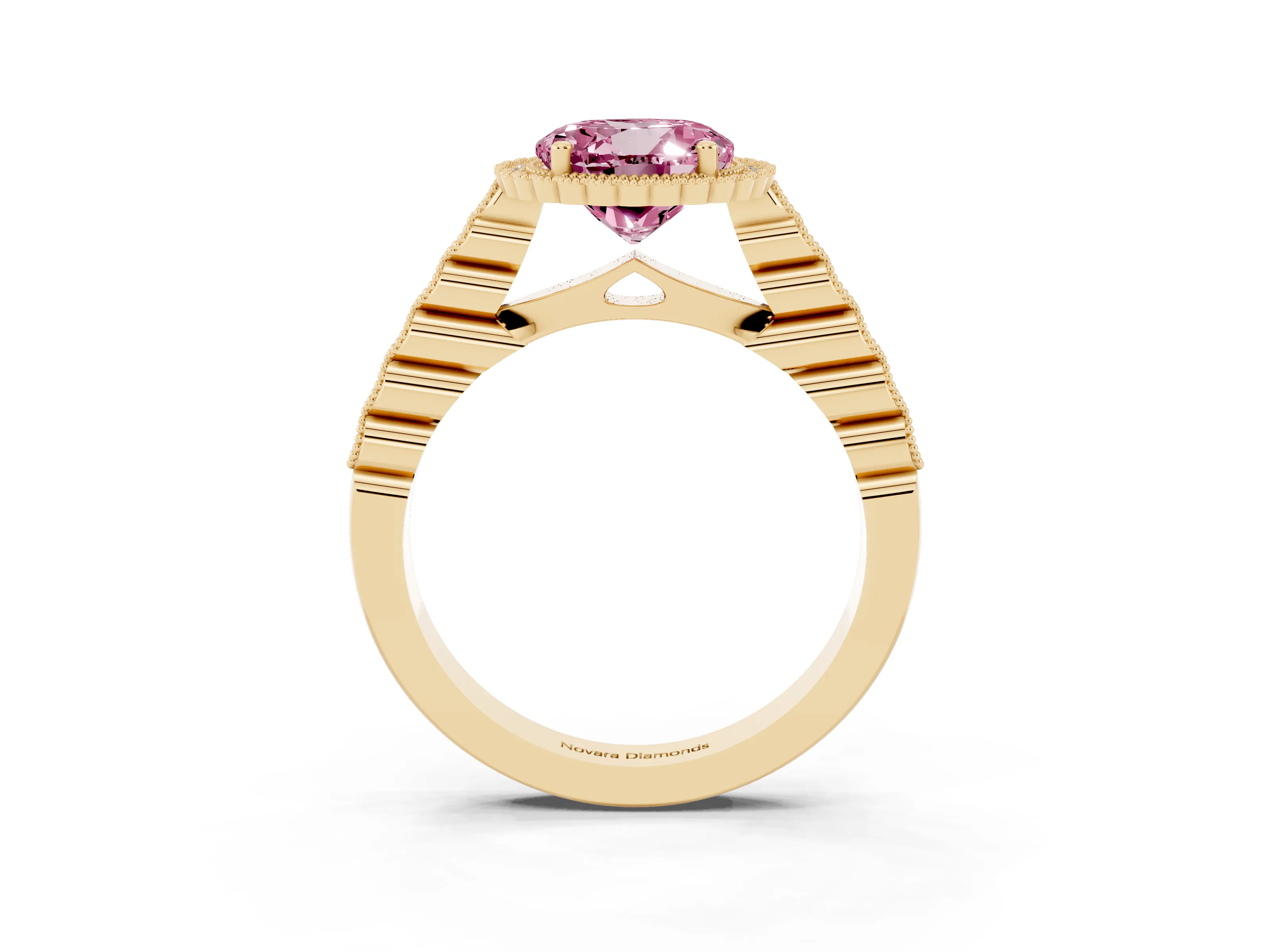 Fancy Pink Round Cut Diamond Halo Ring Set in Yellow gold with Pavé Milgrain Band