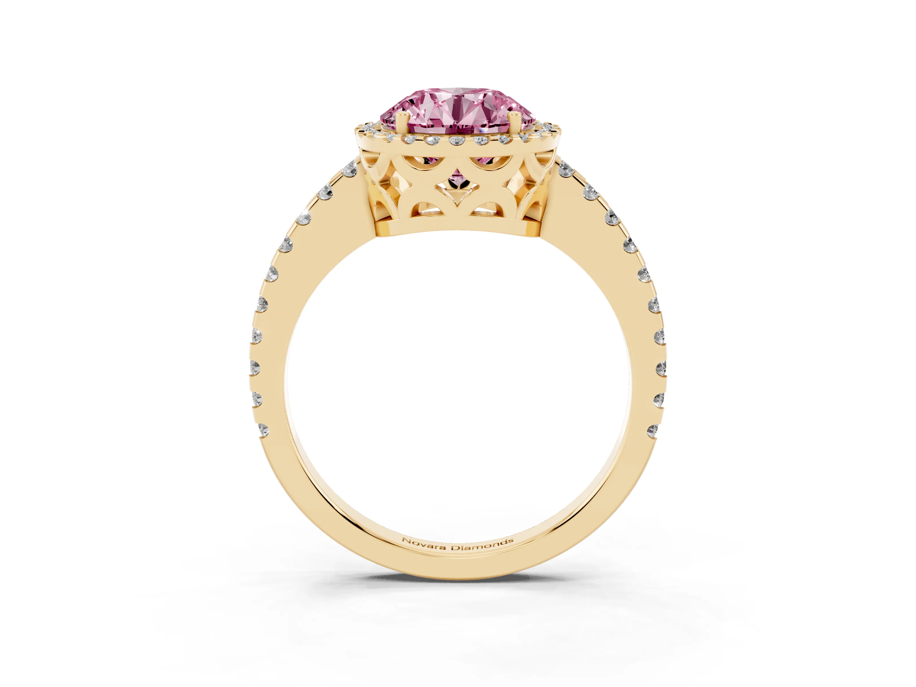 Fancy Pink Round Cut Diamond Halo Ring Set in Yellow gold with Pavé Shoulders and Halo-Framed Center