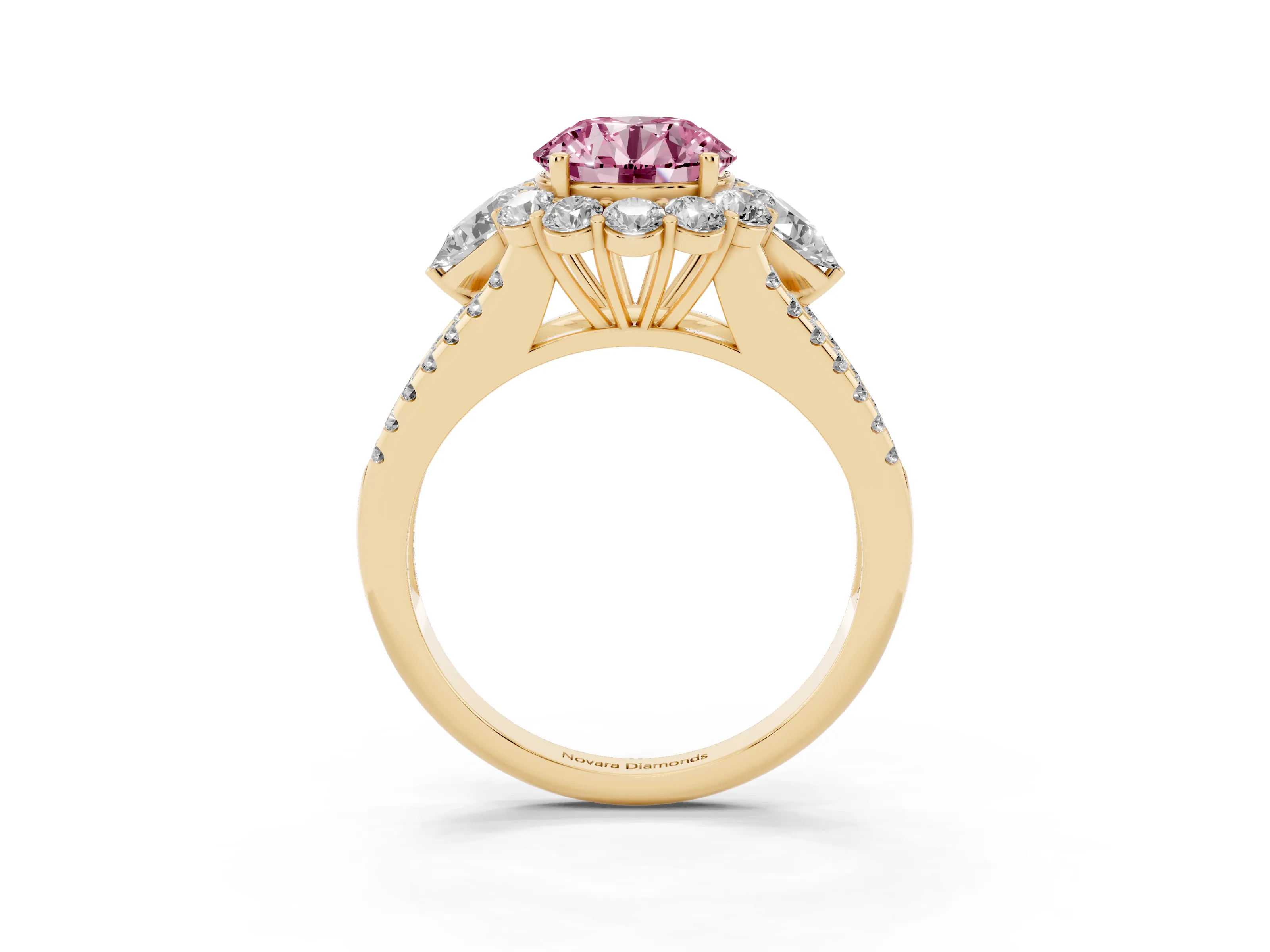 Fancy Pink Round Cut Diamond Halo Split Shank Engagement Ring Set in Yellow gold with Prong-Held Center Stone