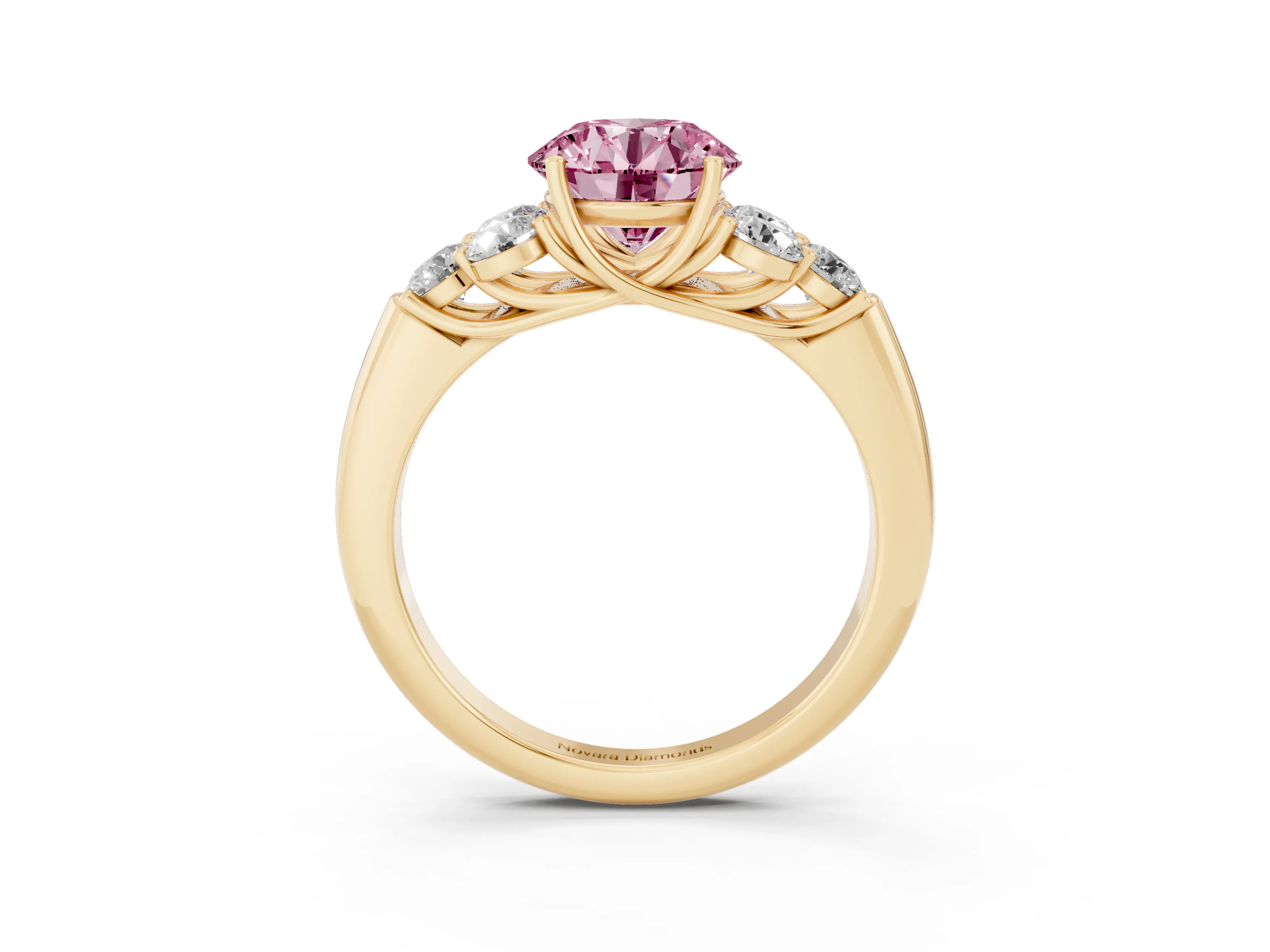 Fancy Pink Round Cut Diamond Cluster Ring Set in Yellow gold with Round Accent Stones and Prong Setting on a Plain Band