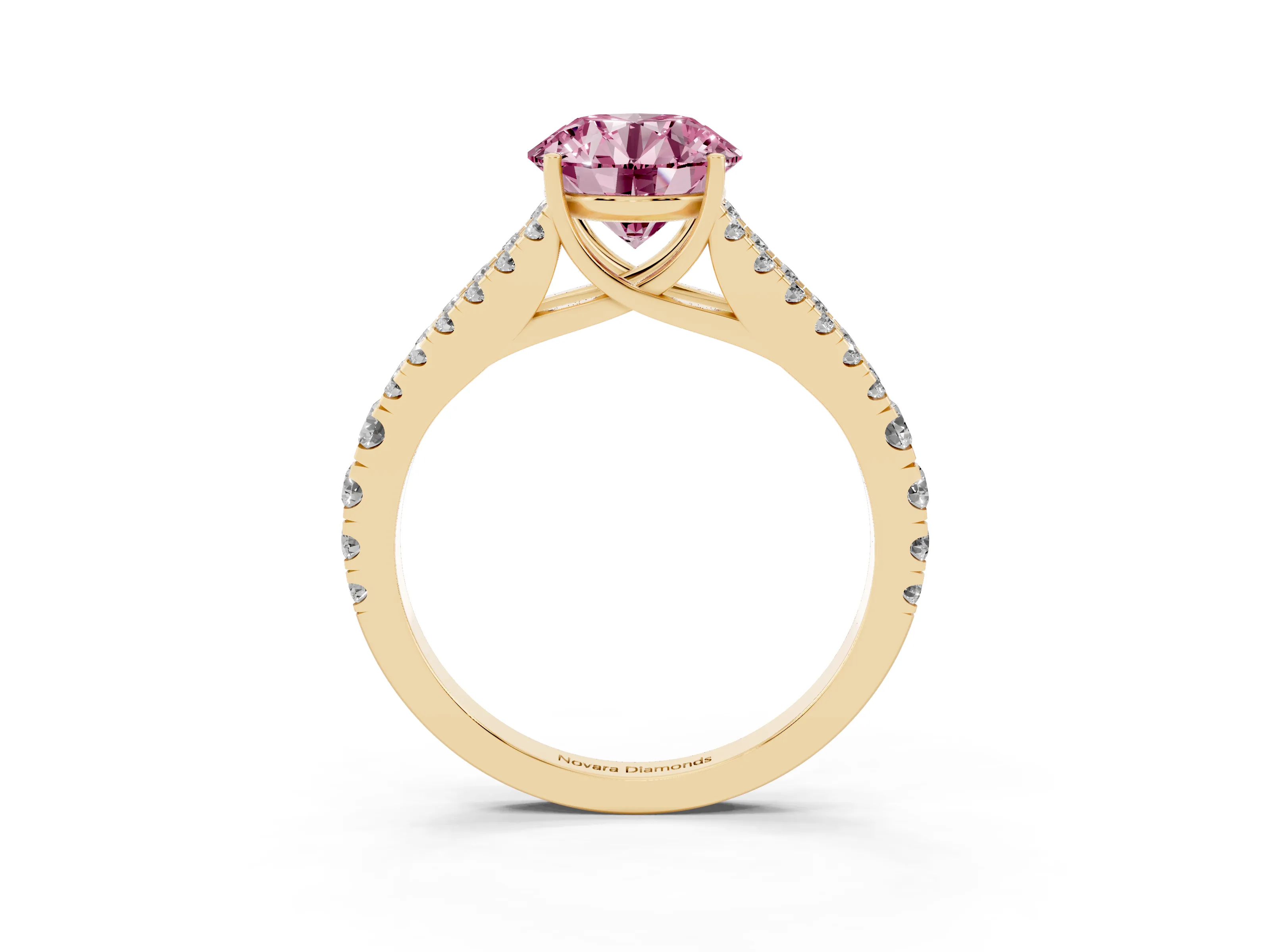 Fancy Pink Round Cut Diamond Split Shank Pavé Engagement Ring Set in Yellow gold with Prong-Held Center Stone
