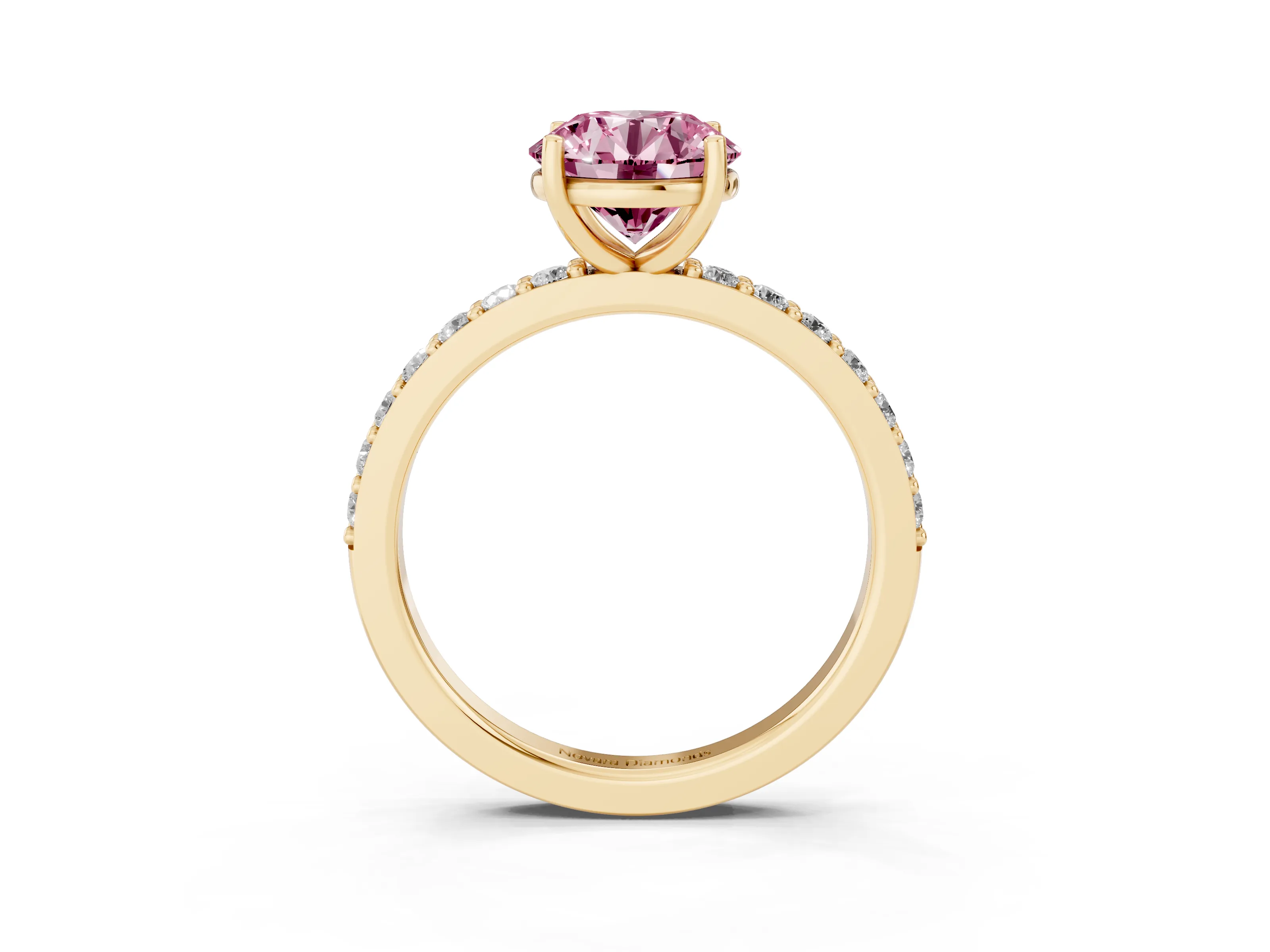 Fancy Pink Round Cut Diamond Solitaire Set in Yellow gold with Round Pavé Band and Prong Setting