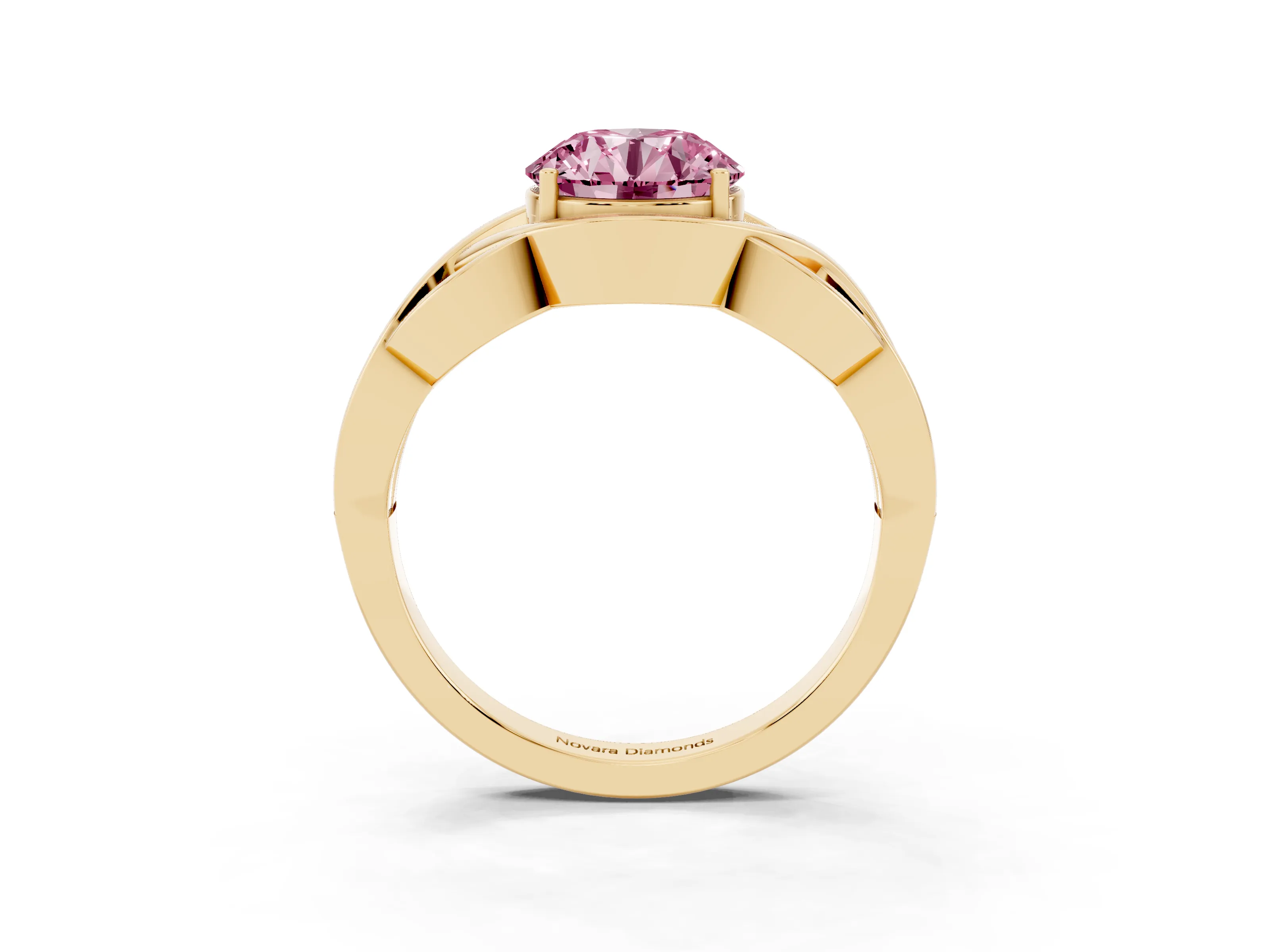 Fancy Pink Round Cut Diamond Solitaire Ring Set in Yellow gold with Intertwined Band