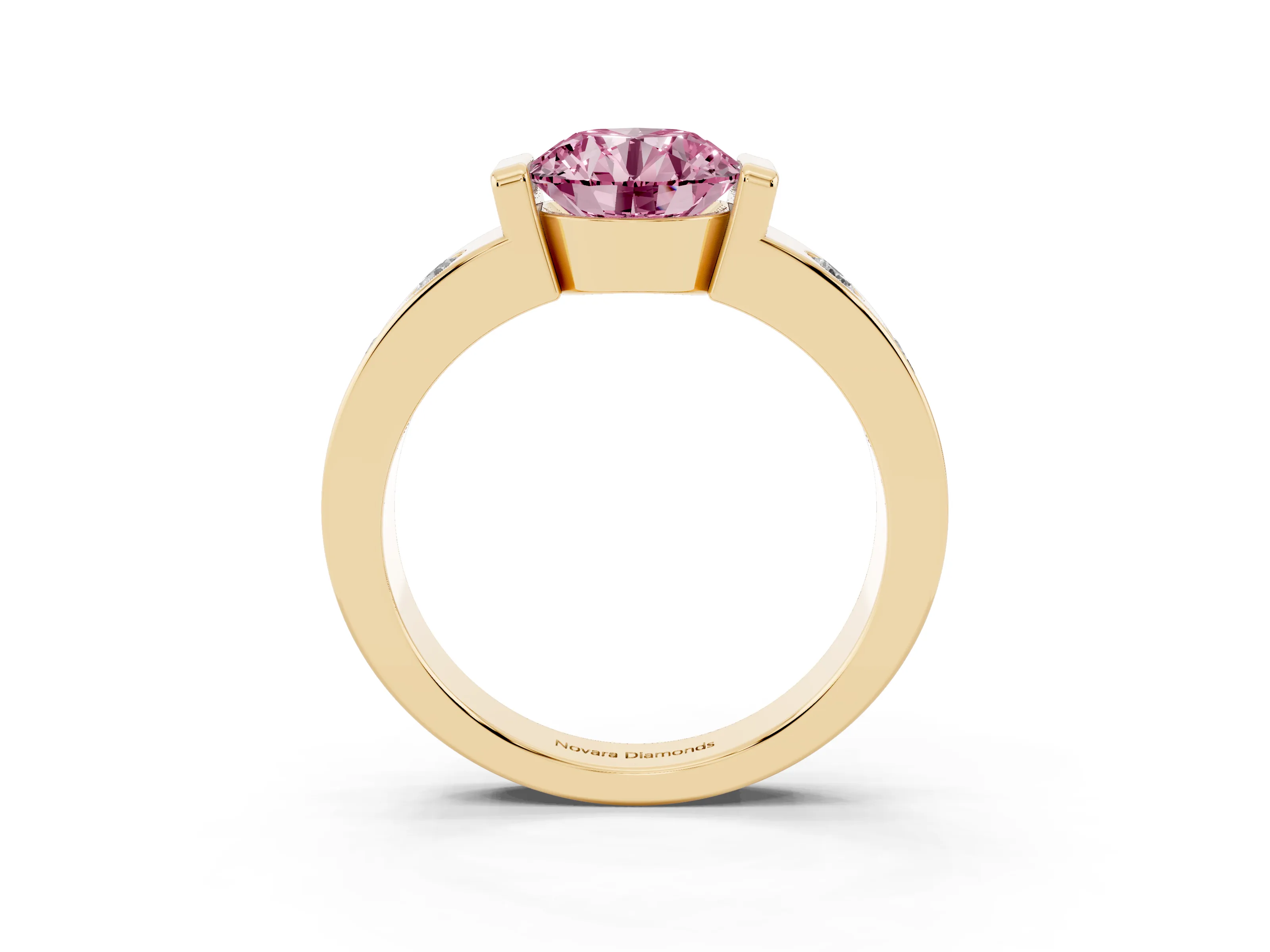 Fancy Pink Round Cut Diamond Channel-Set Band Ring Set in Yellow gold with Bezel Prong Setting
