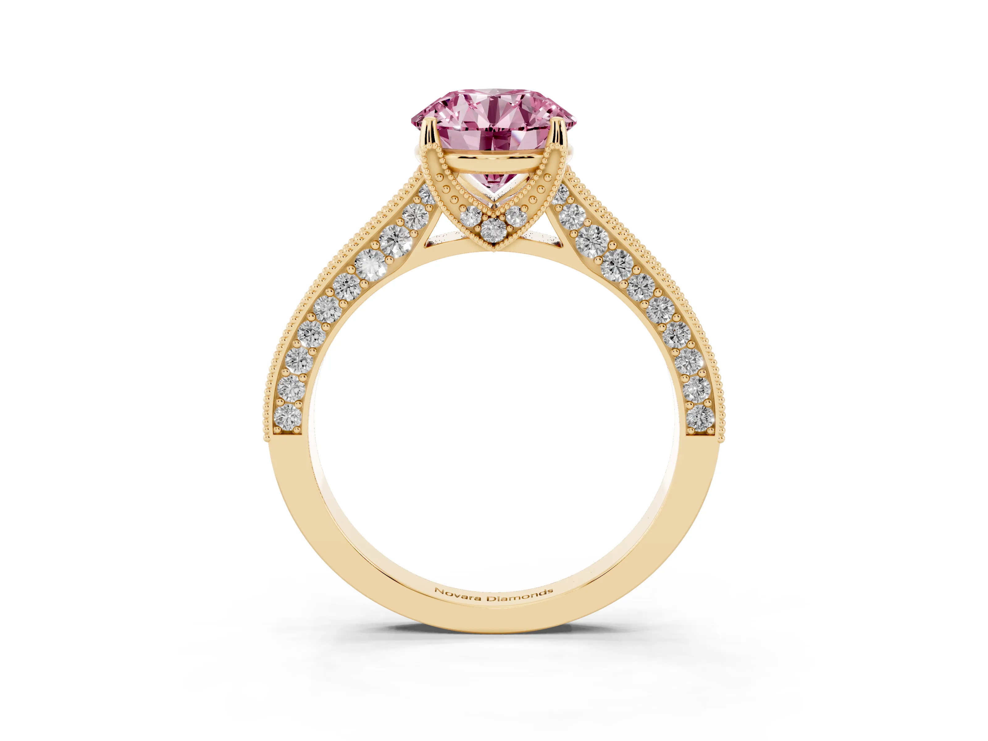 Fancy Pink Round Cut Diamond Solitaire Ring Set in Yellow gold with Milgrain-Edged Pavé Band and Prong Setting