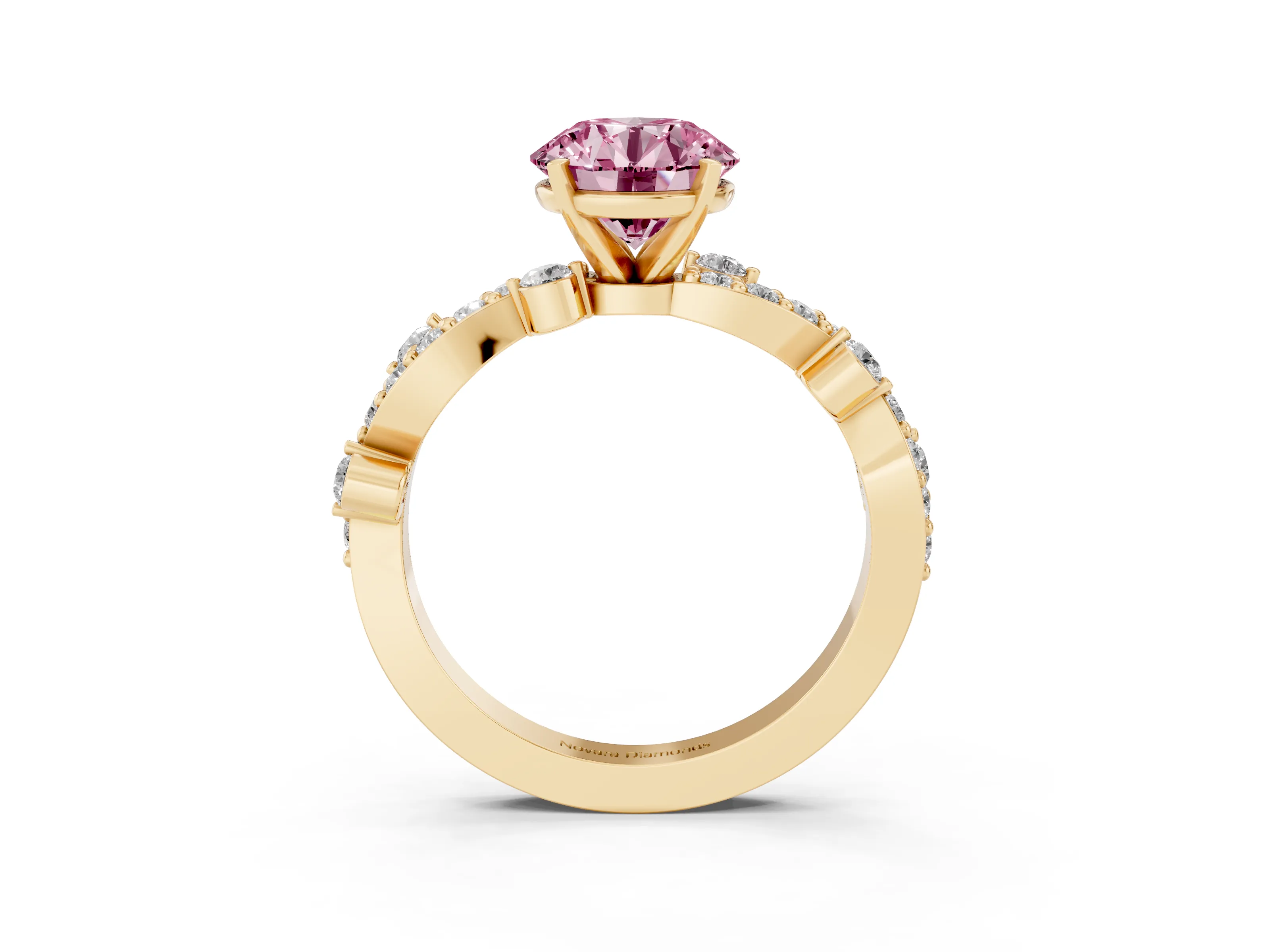 Fancy Pink Round Cut Diamond Solitaire Twisted Band Set in Yellow gold with Pavé Setting
